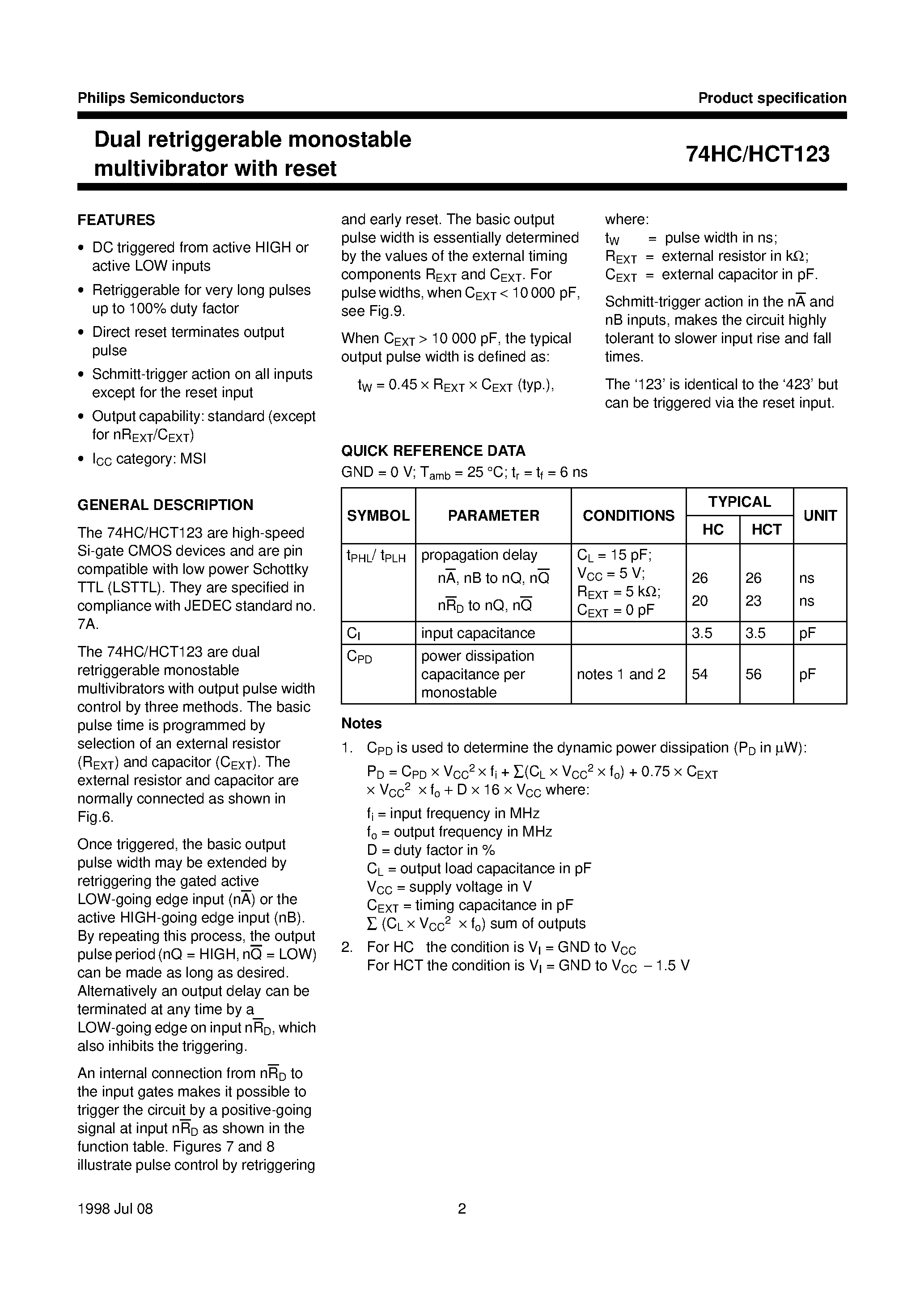 Datasheet 74HC123 - Dual retriggerable monostable multivibrator with reset page 2