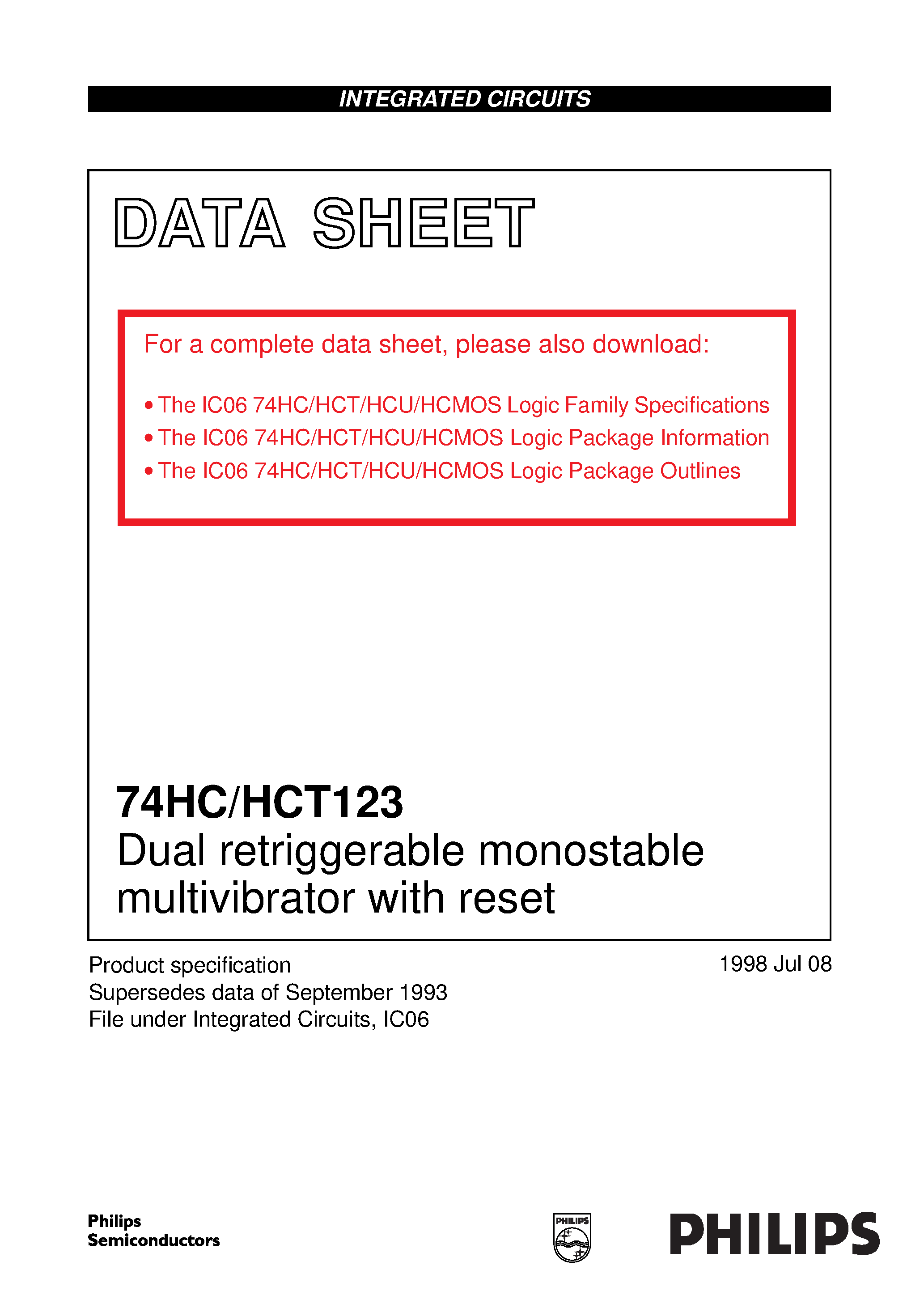 Datasheet 74HC123PW page 1 Datasheet 74HC123PW - Dual retriggerable monostable multivibrator with reset page 1