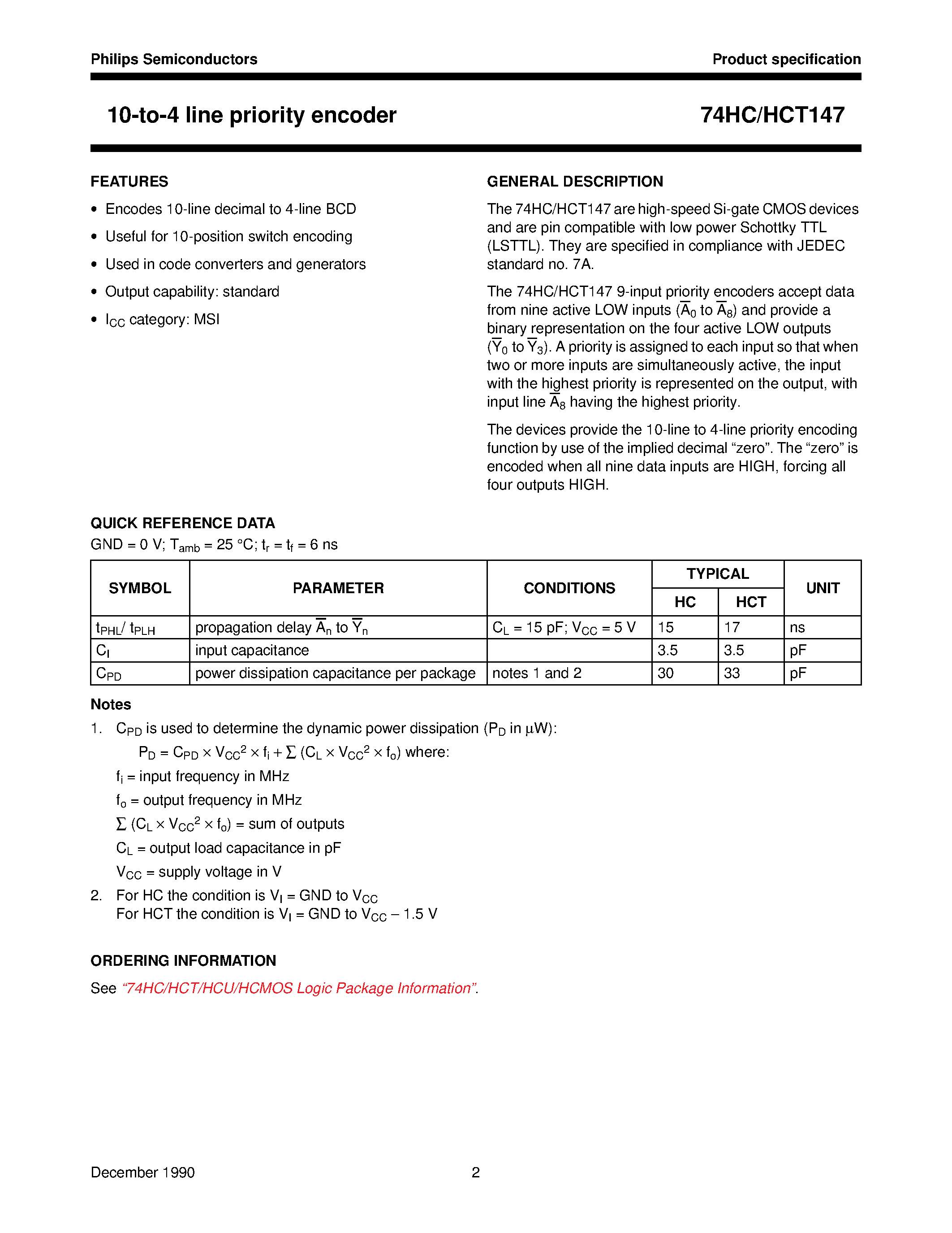 Datasheet 74HC147 page 2 Datasheet 74HC147 - 10-to-4 line priority encoder page 2