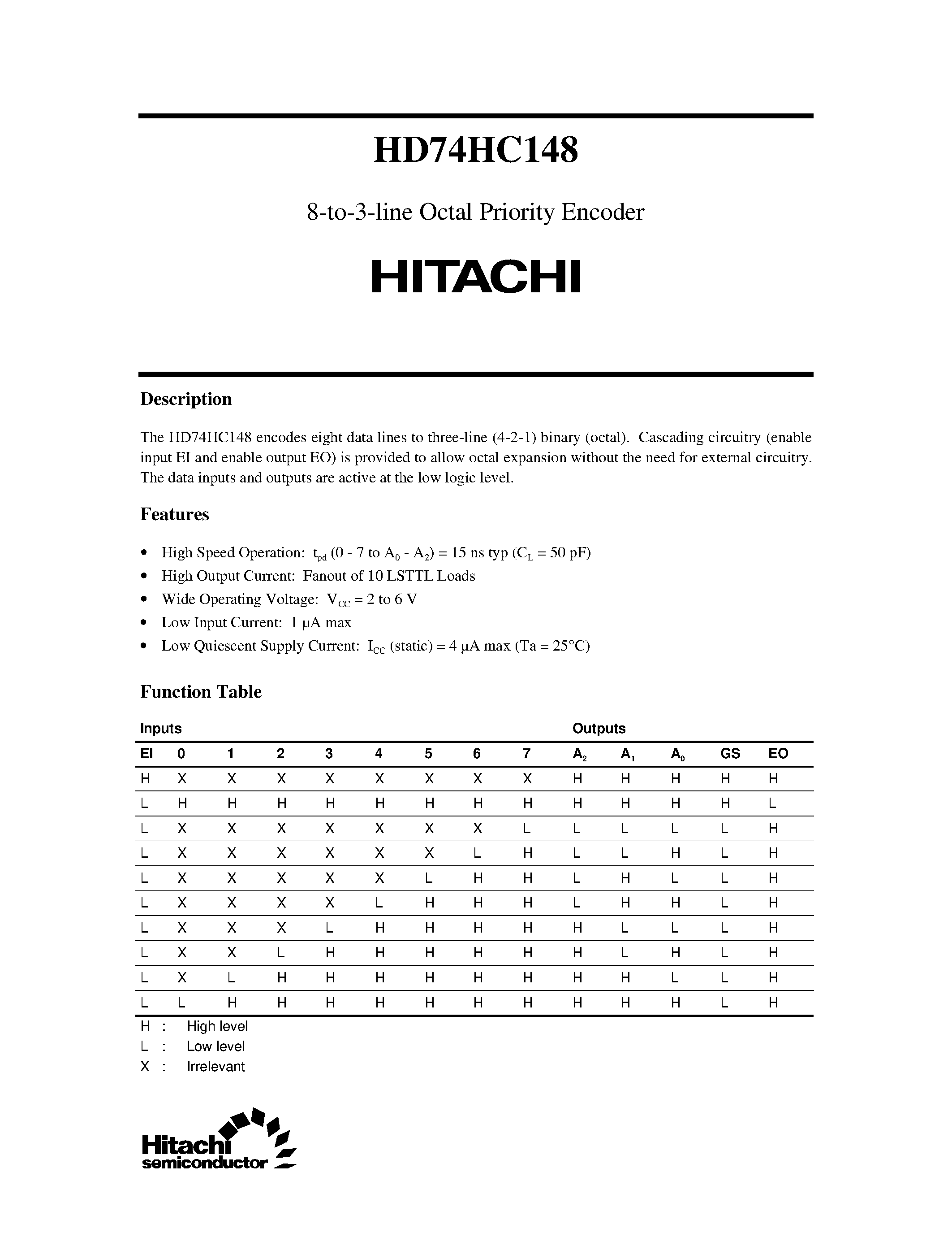 Datasheet 74HC148 - 8-to-3-line Octal Priority Encoder page 1