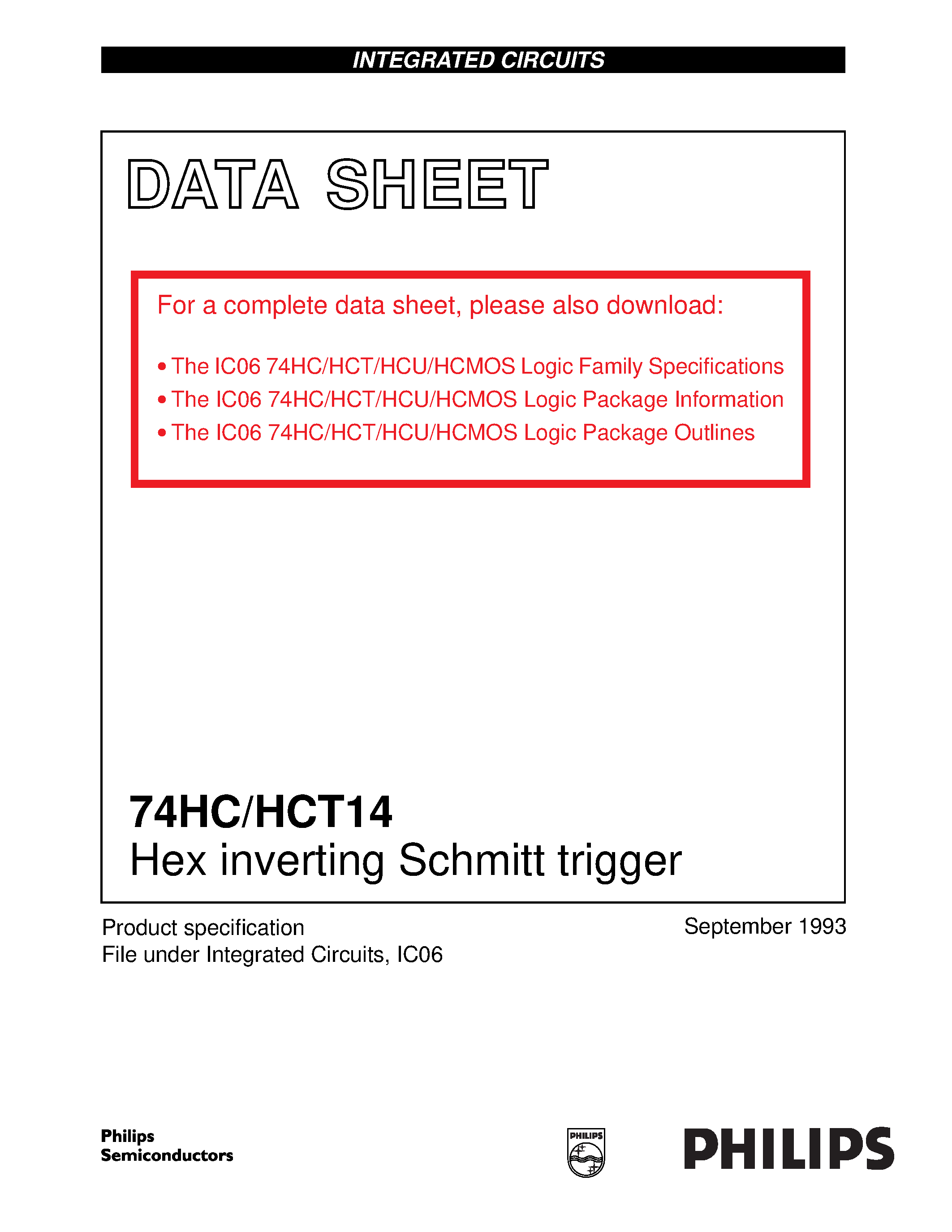 Datasheet 74HC14N page 1 Datasheet 74HC14N - Hex inverting Schmitt trigger page 1