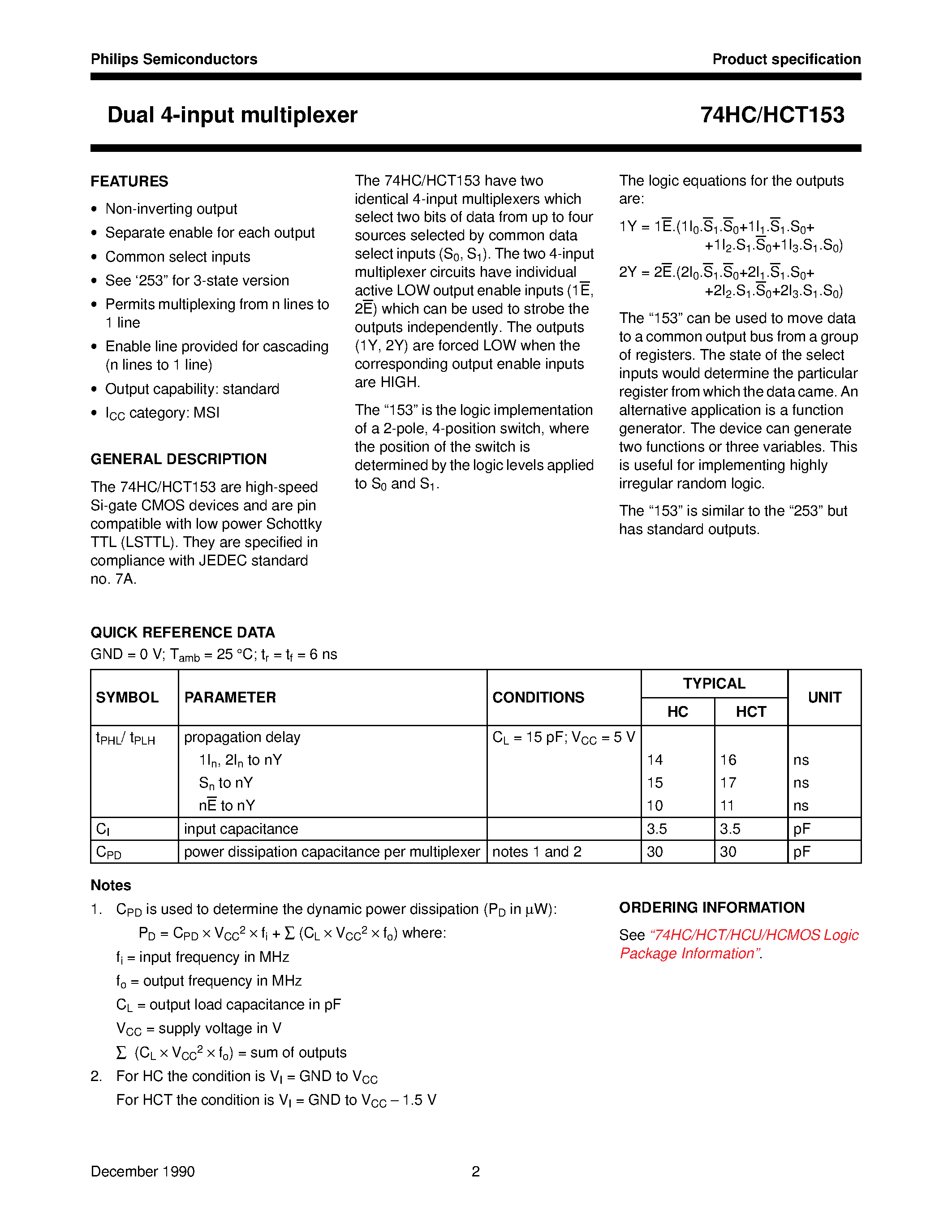 Datasheet 74HC153 page 2 Datasheet 74HC153 - Dual 4-input multiplexer page 2