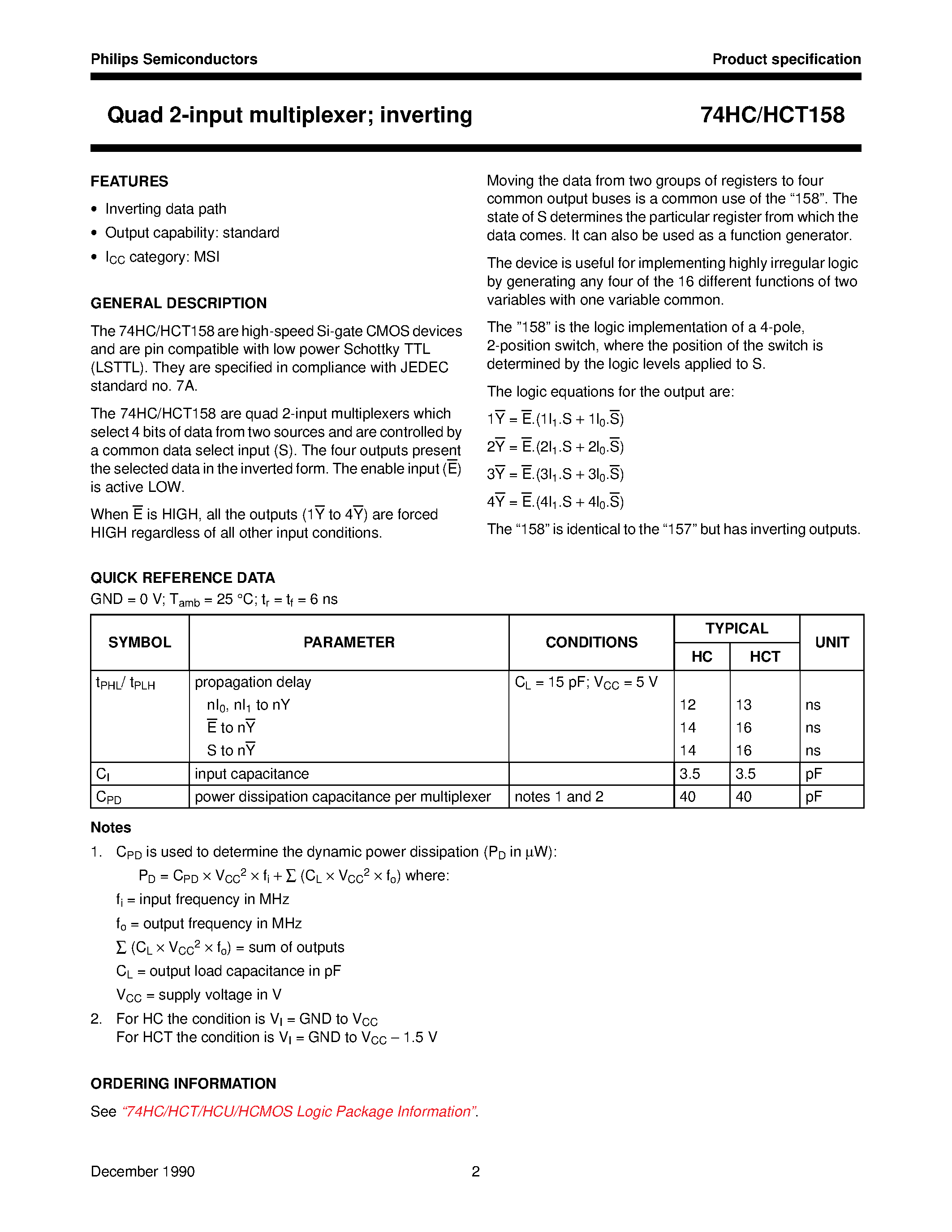 Datasheet 74HC158 page 2 Datasheet 74HC158 - Quad 2-input multiplexer inverting page 2