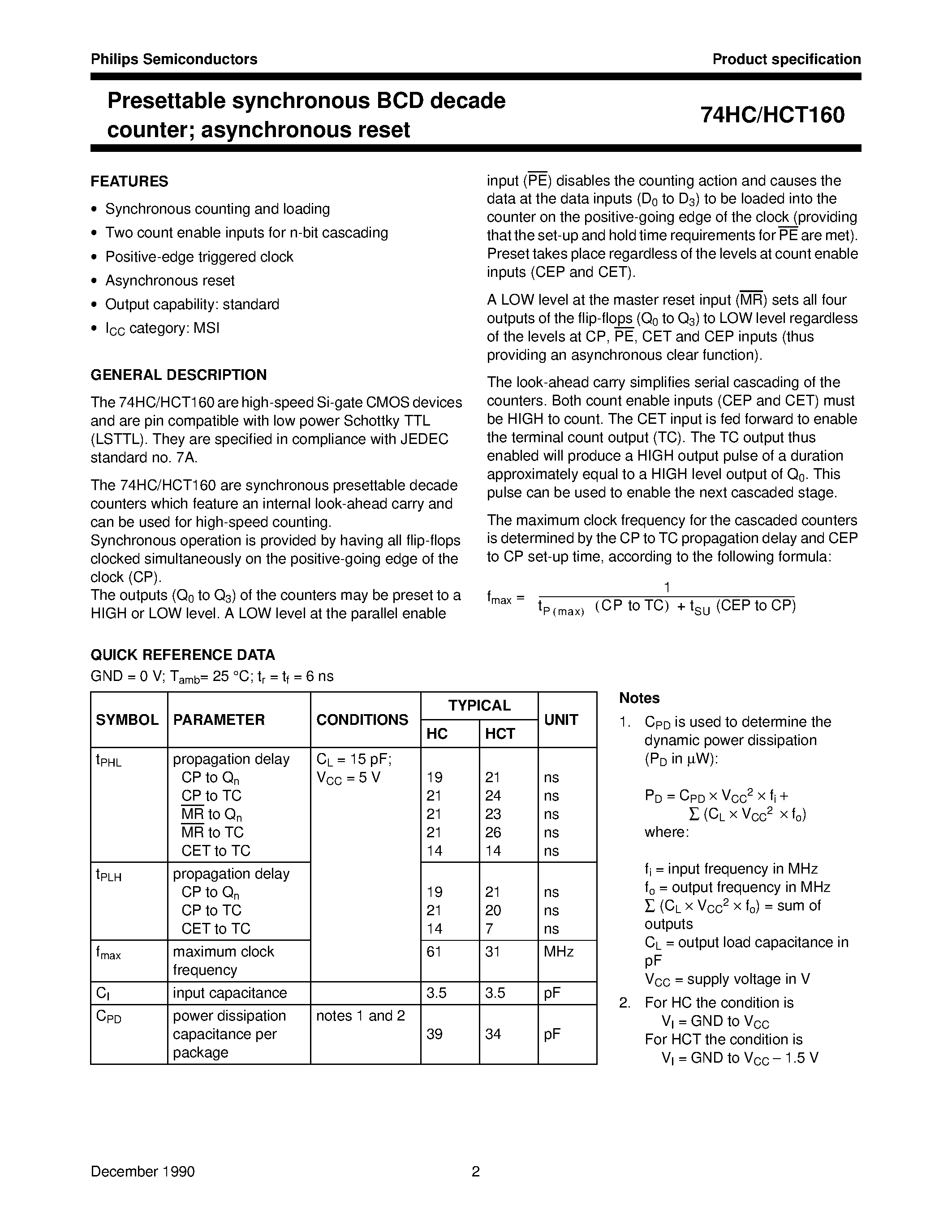 Datasheet 74HC160 page 2 Datasheet 74HC160 - Presettable synchronous BCD decade counter asynchronous reset page 2