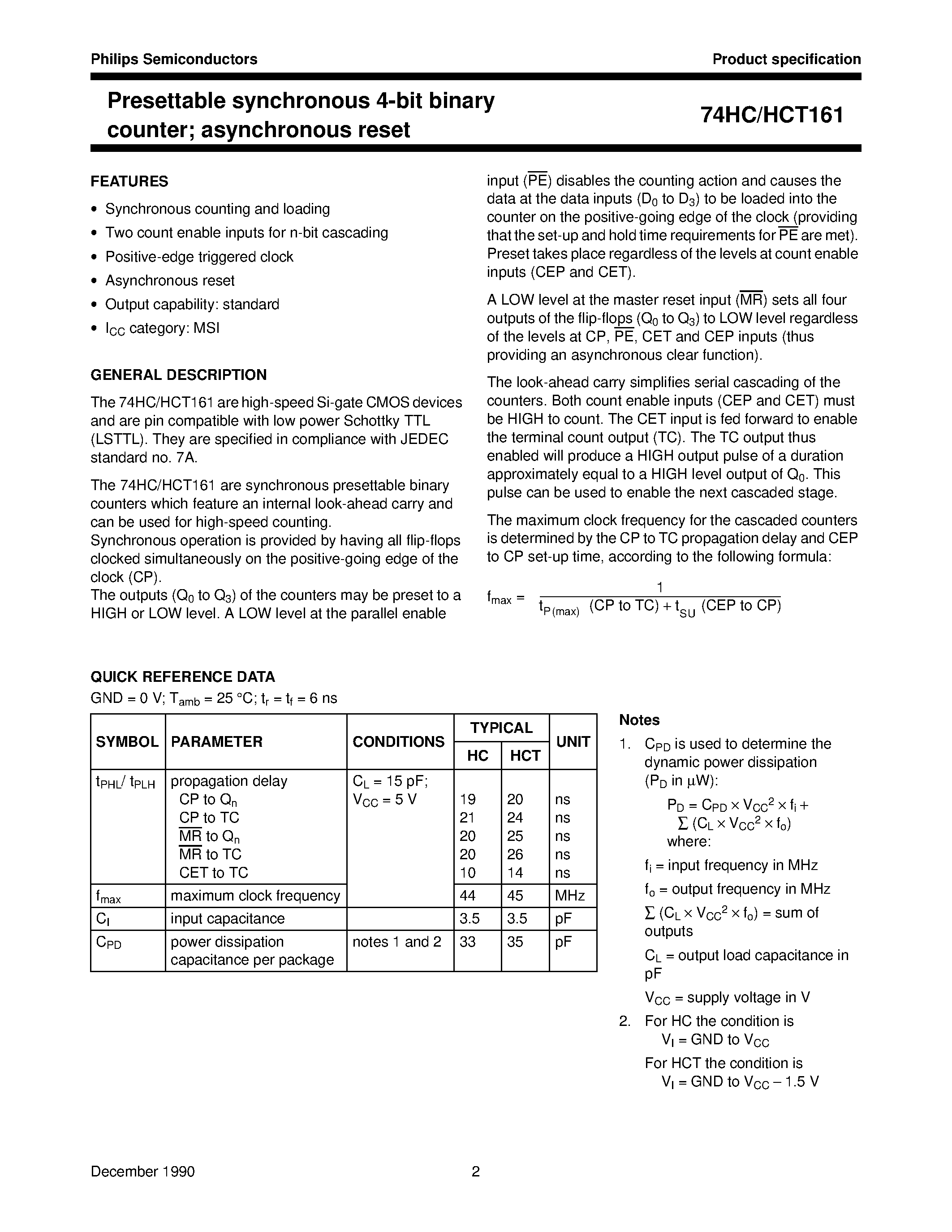 Datasheet 74HC161 page 2 Datasheet 74HC161 - Presettable synchronous 4-bit binary counter asynchronous reset page 2