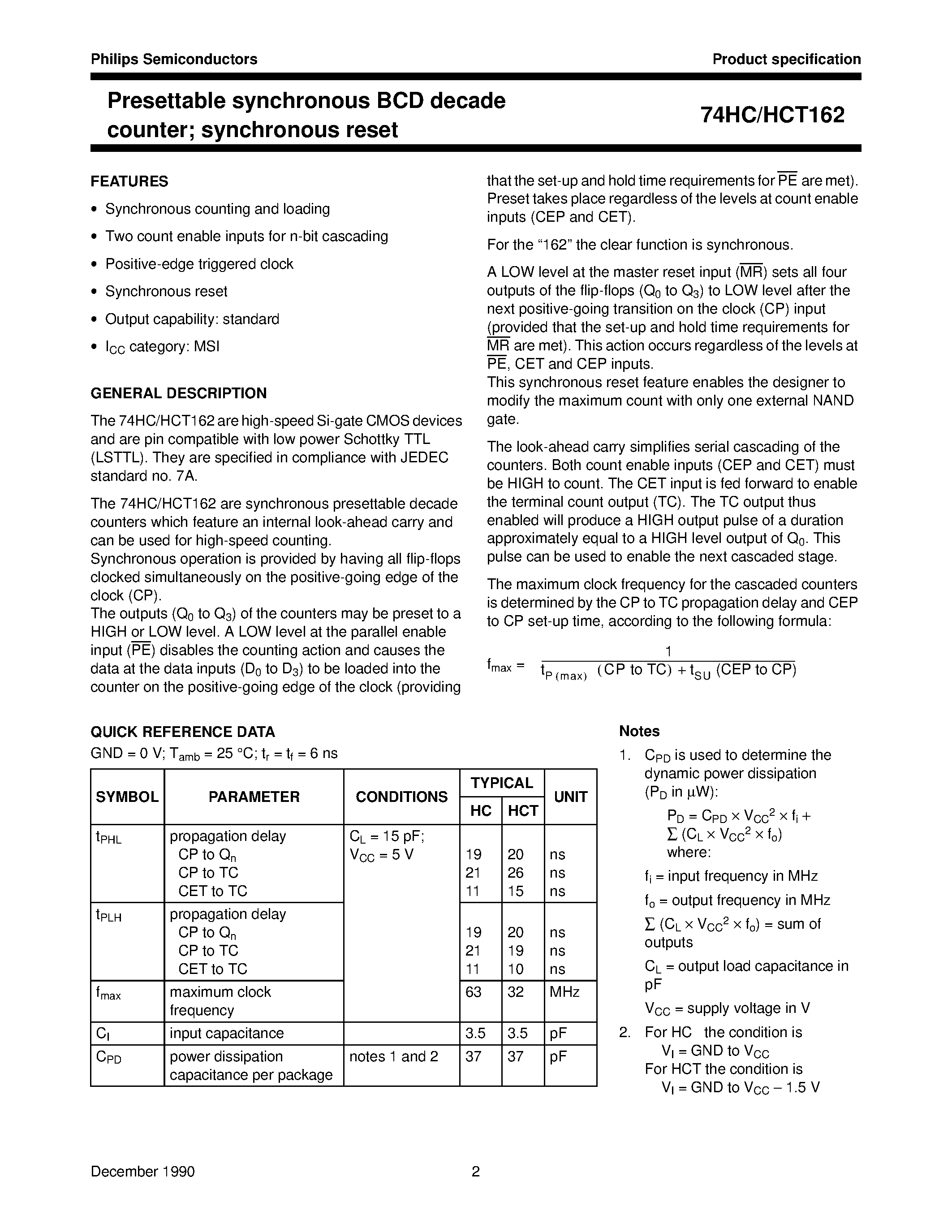 Datasheet 74HC162 page 2 Datasheet 74HC162 - Presettable synchronous BCD decade counter synchronous reset page 2
