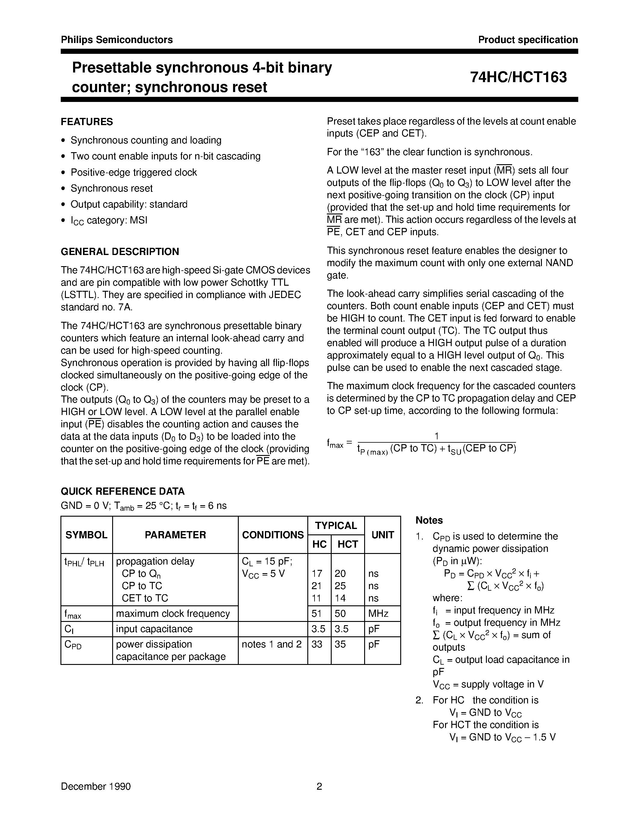 Datasheet 74HC163 page 2 Datasheet 74HC163 - Presettable synchronous 4-bit binary counter synchronous reset page 2