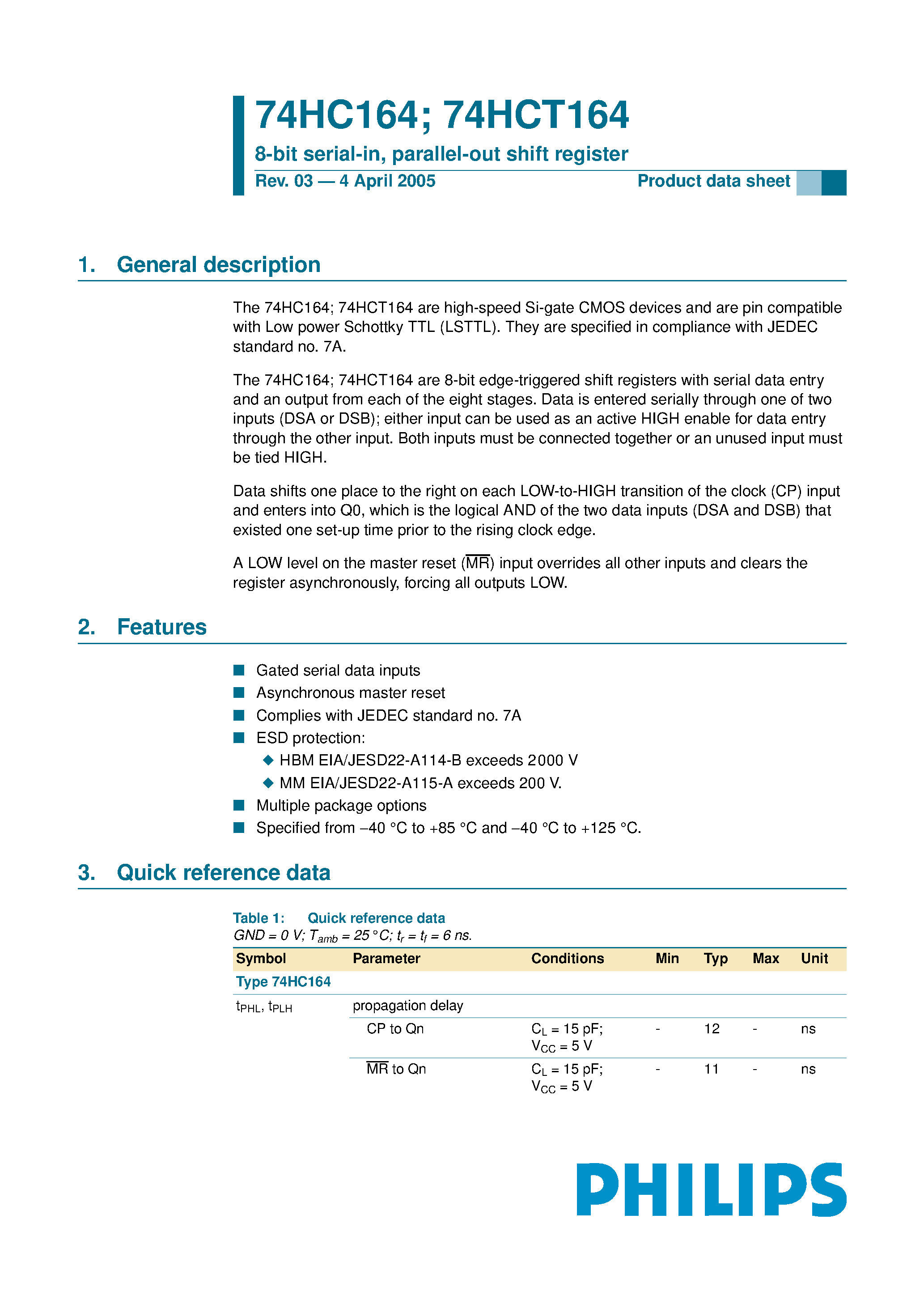 Datasheet 74HC164 page 1 Datasheet 74HC164 - 8-bit serial-in/parallel-out shift register page 1