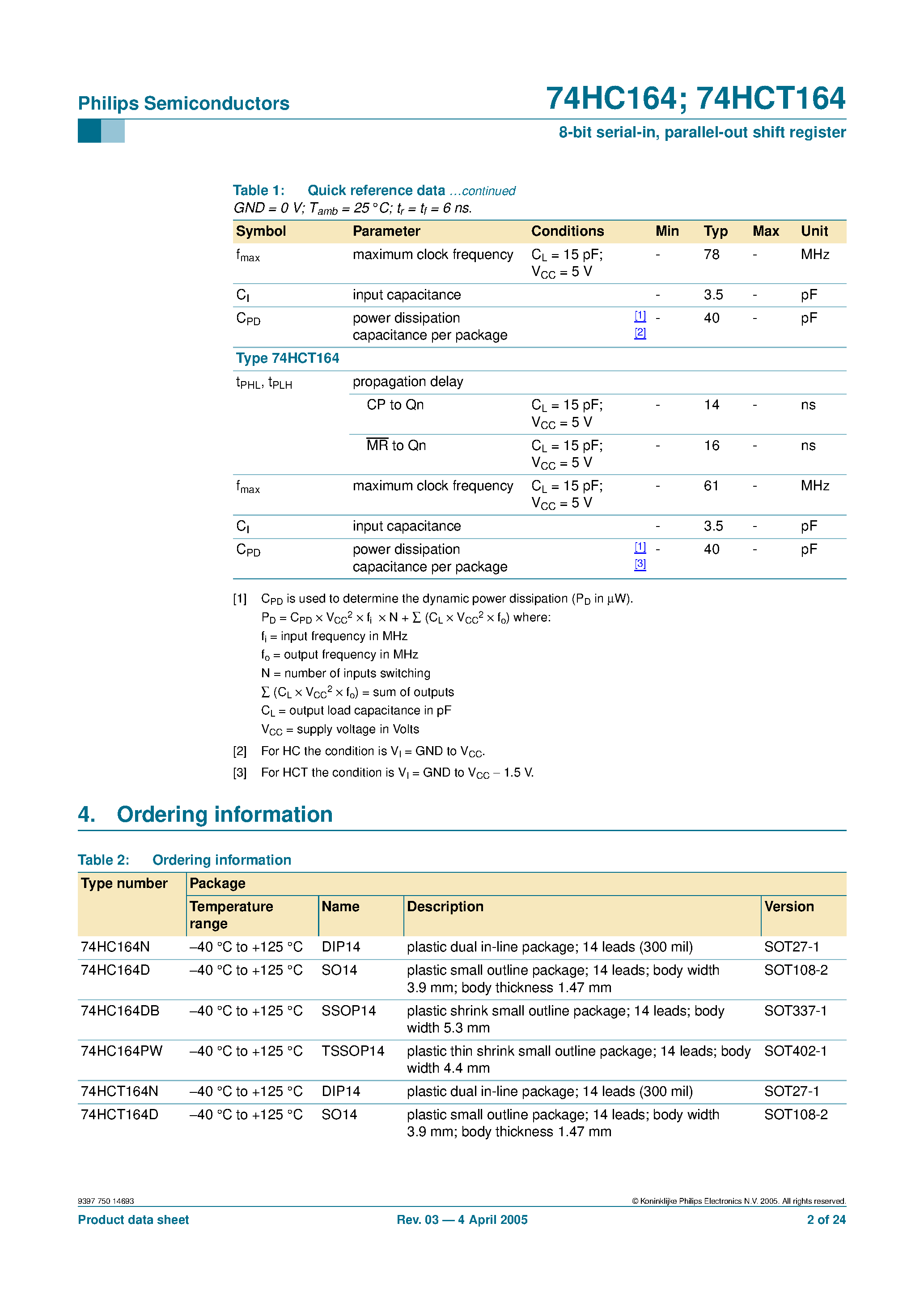 Datasheet 74HC164 page 2 Datasheet 74HC164 - 8-bit serial-in/parallel-out shift register page 2