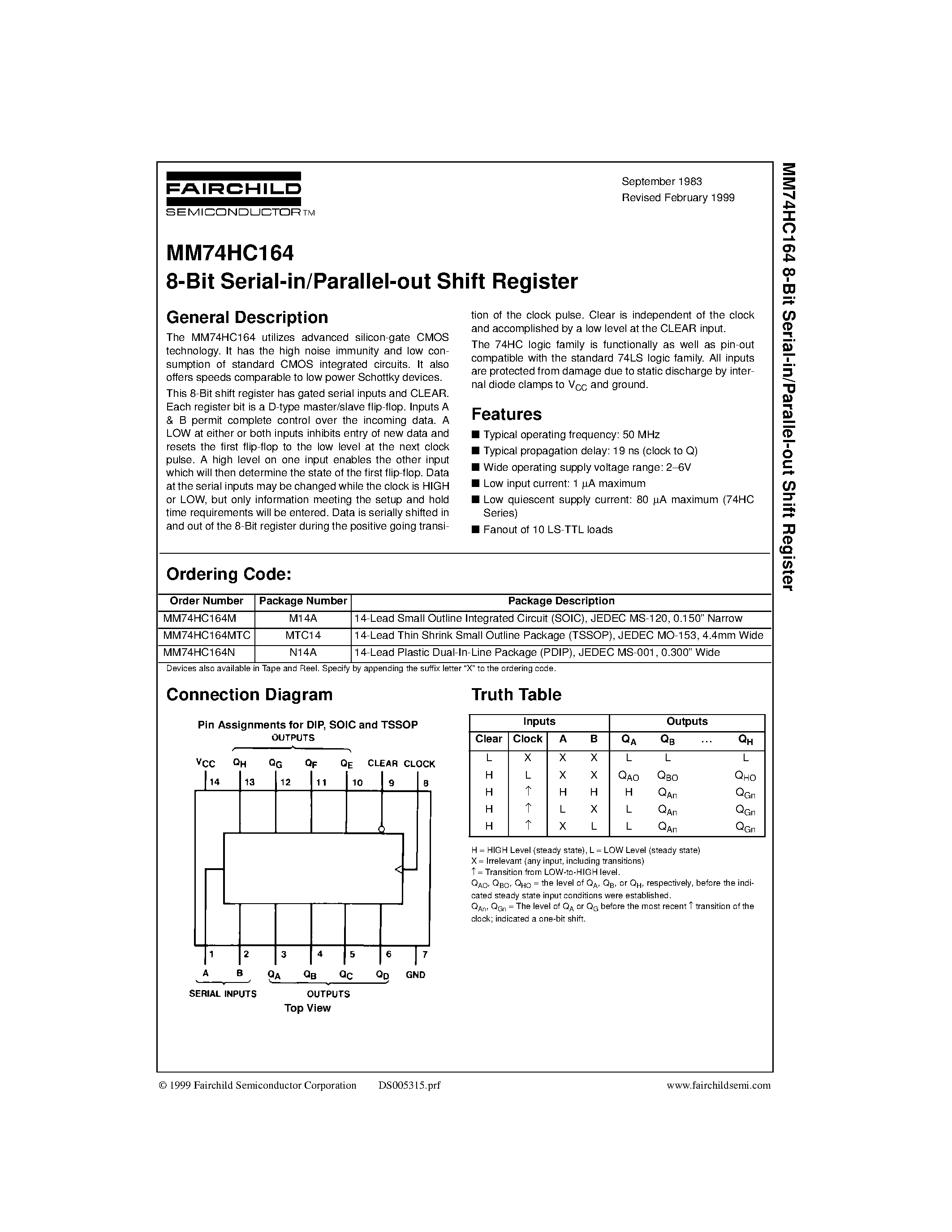Datasheet 74HC164 page 1 Datasheet 74HC164 - 8-Bit Serial-in/Parallel-out Shift Register page 1