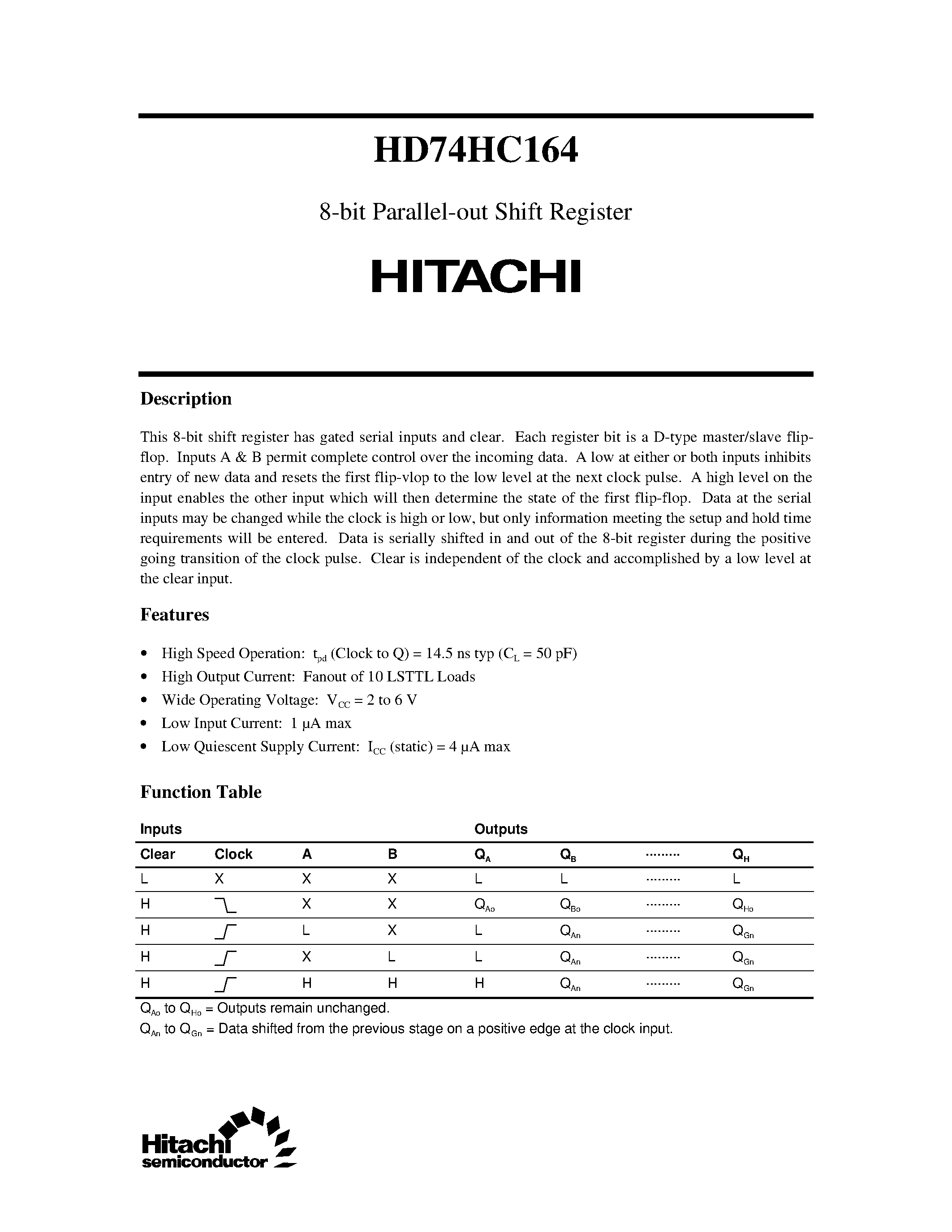 Datasheet 74HC164 page 1 Datasheet 74HC164 - 8-bit Parallel-out Shift Register page 1