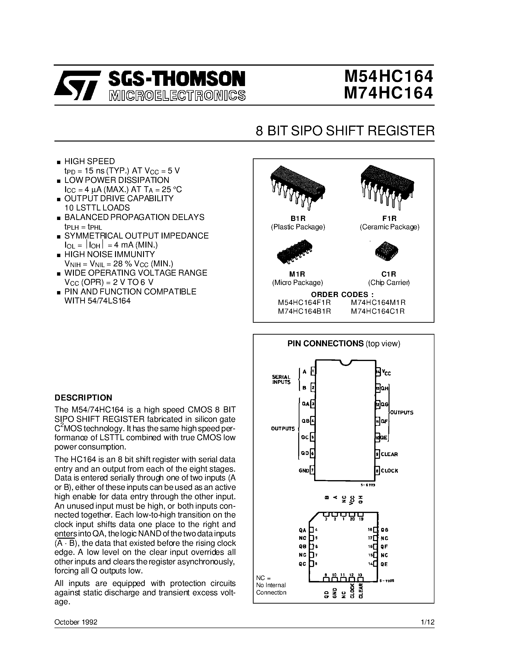 Datasheet 74HC164 page 1 Datasheet 74HC164 - 8 BIT SIPO SHIFT REGISTER page 1
