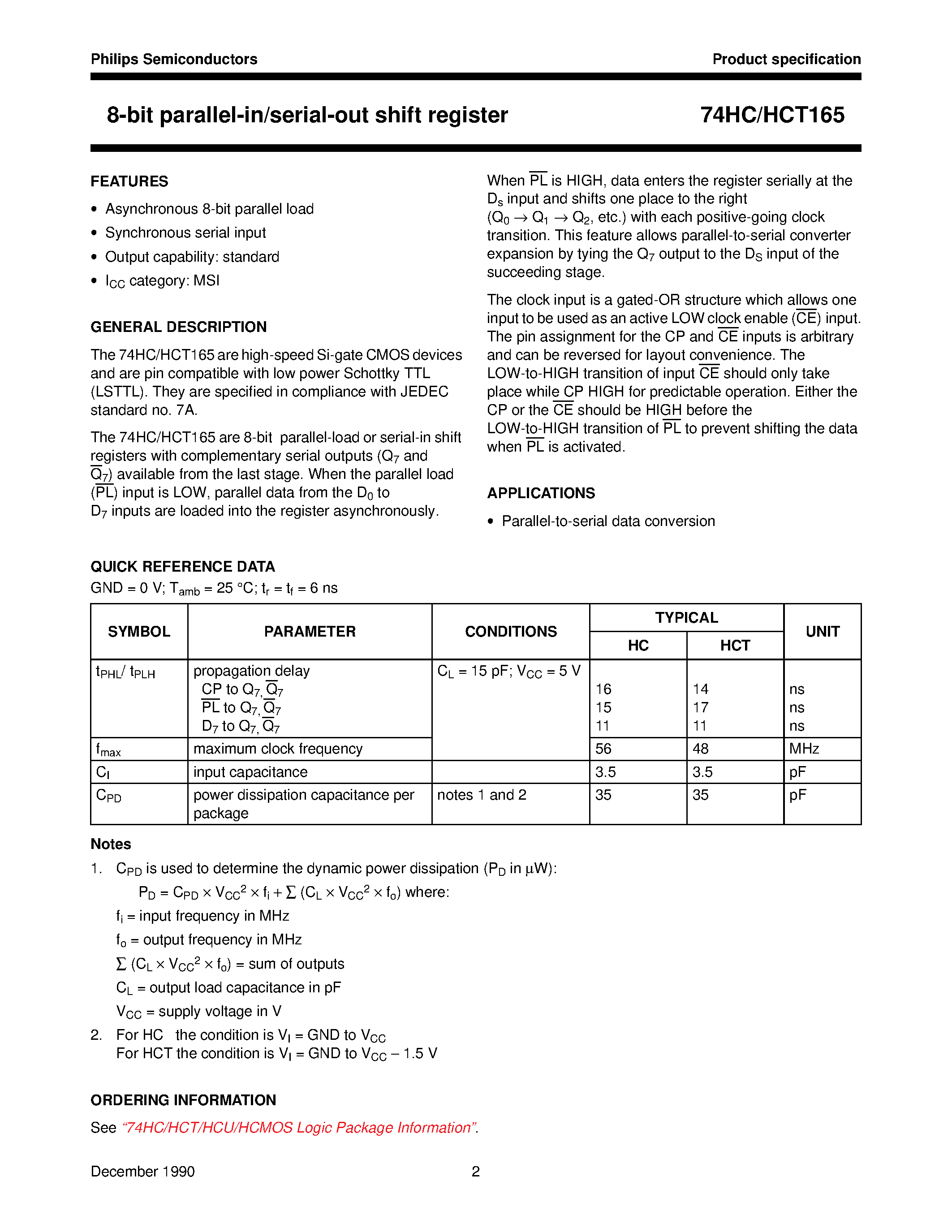 Datasheet 74HC165 page 2 Datasheet 74HC165 - 8-bit parallel-in/serial-out shift register page 2