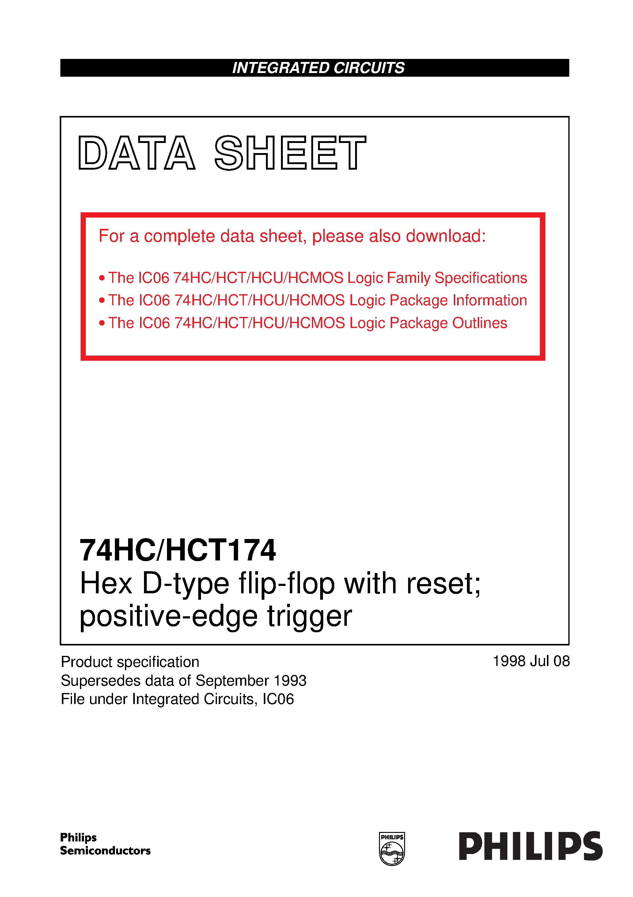 Datasheet 74HC174DB page 1 Datasheet 74HC174DB - Hex D-type flip-flop with reset positive-edge trigger page 1