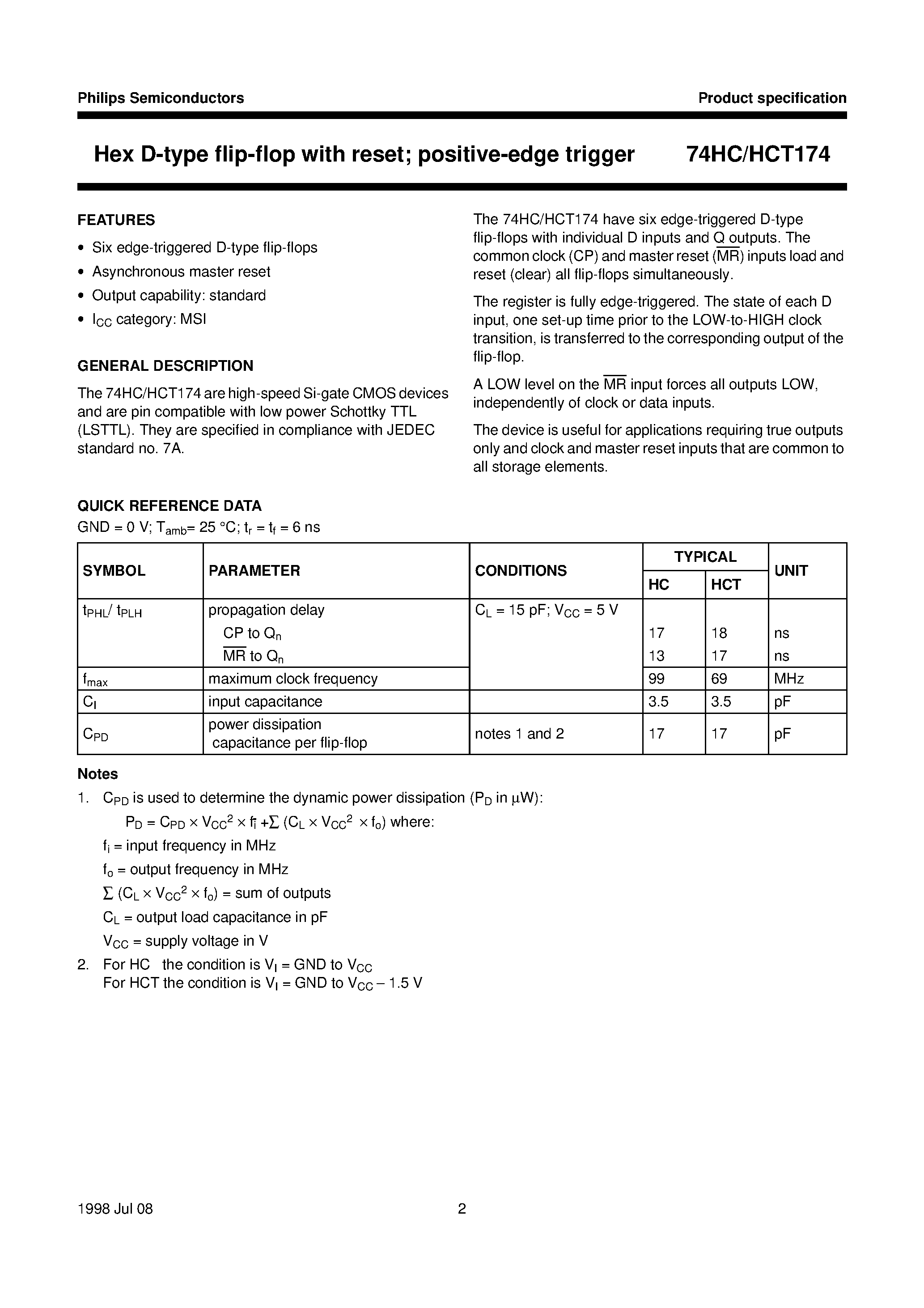 Datasheet 74HC174DB page 2 Datasheet 74HC174DB - Hex D-type flip-flop with reset positive-edge trigger page 2