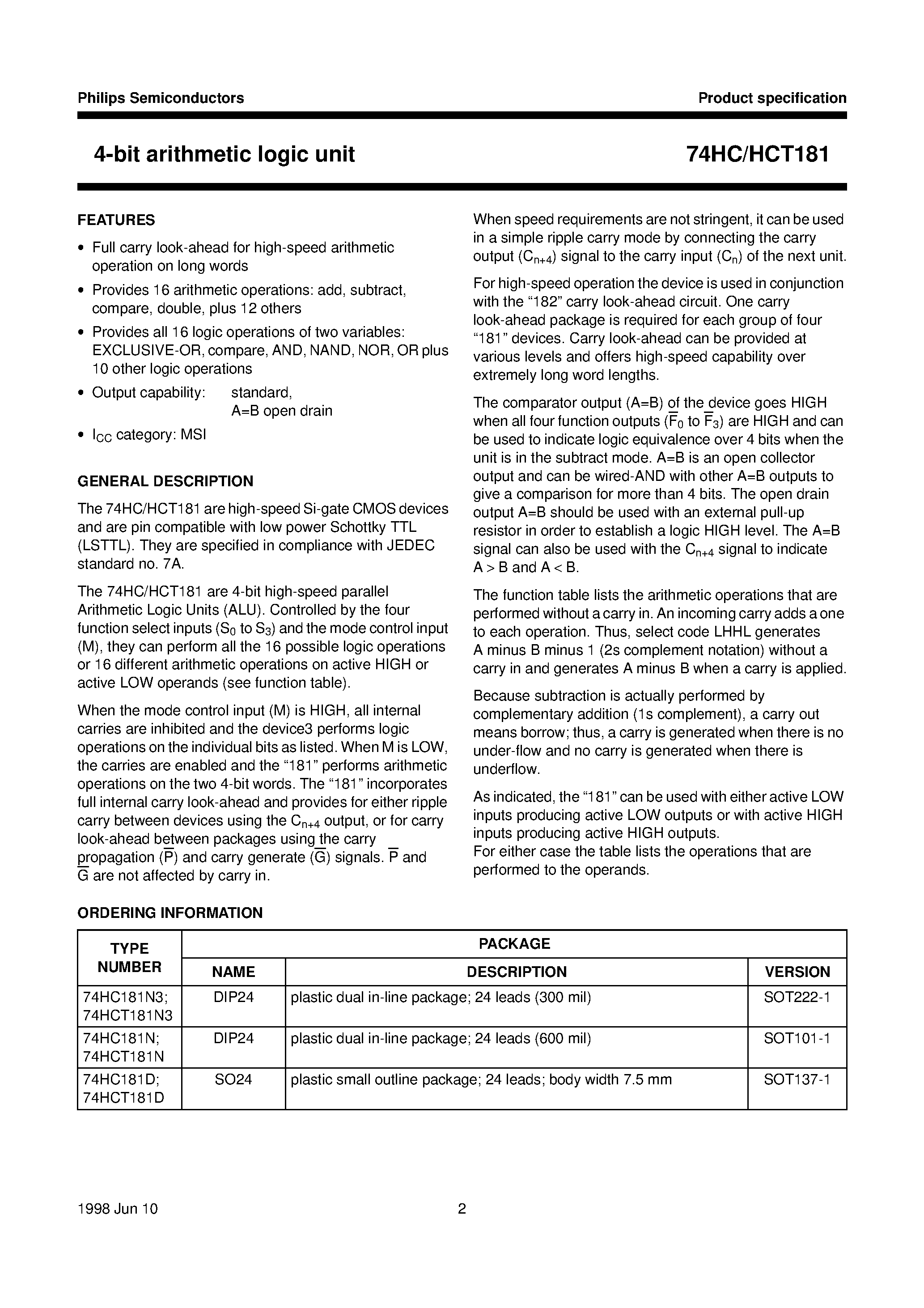 Даташит 74HC181 - 4-bit arithmetic logic unit страница 2