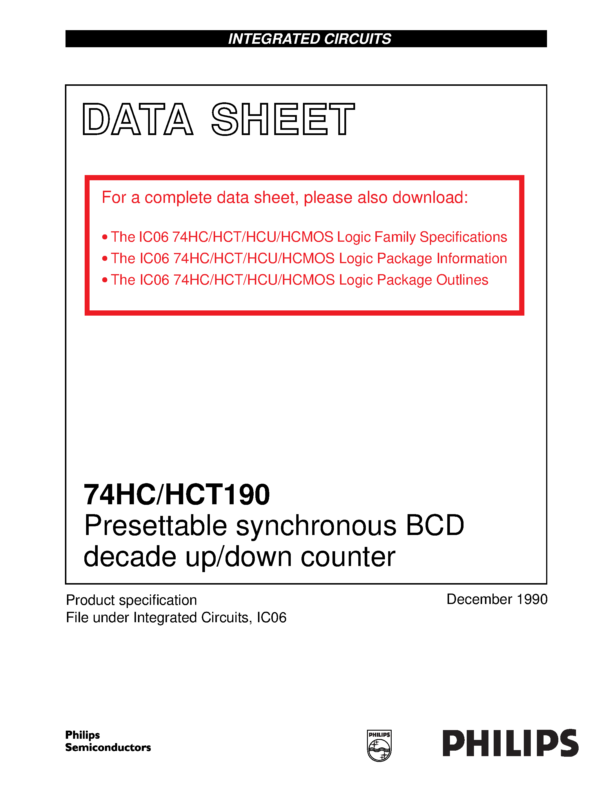 Даташит 74HC190 - Presettable synchronous BCD decade up/down counter страница 1