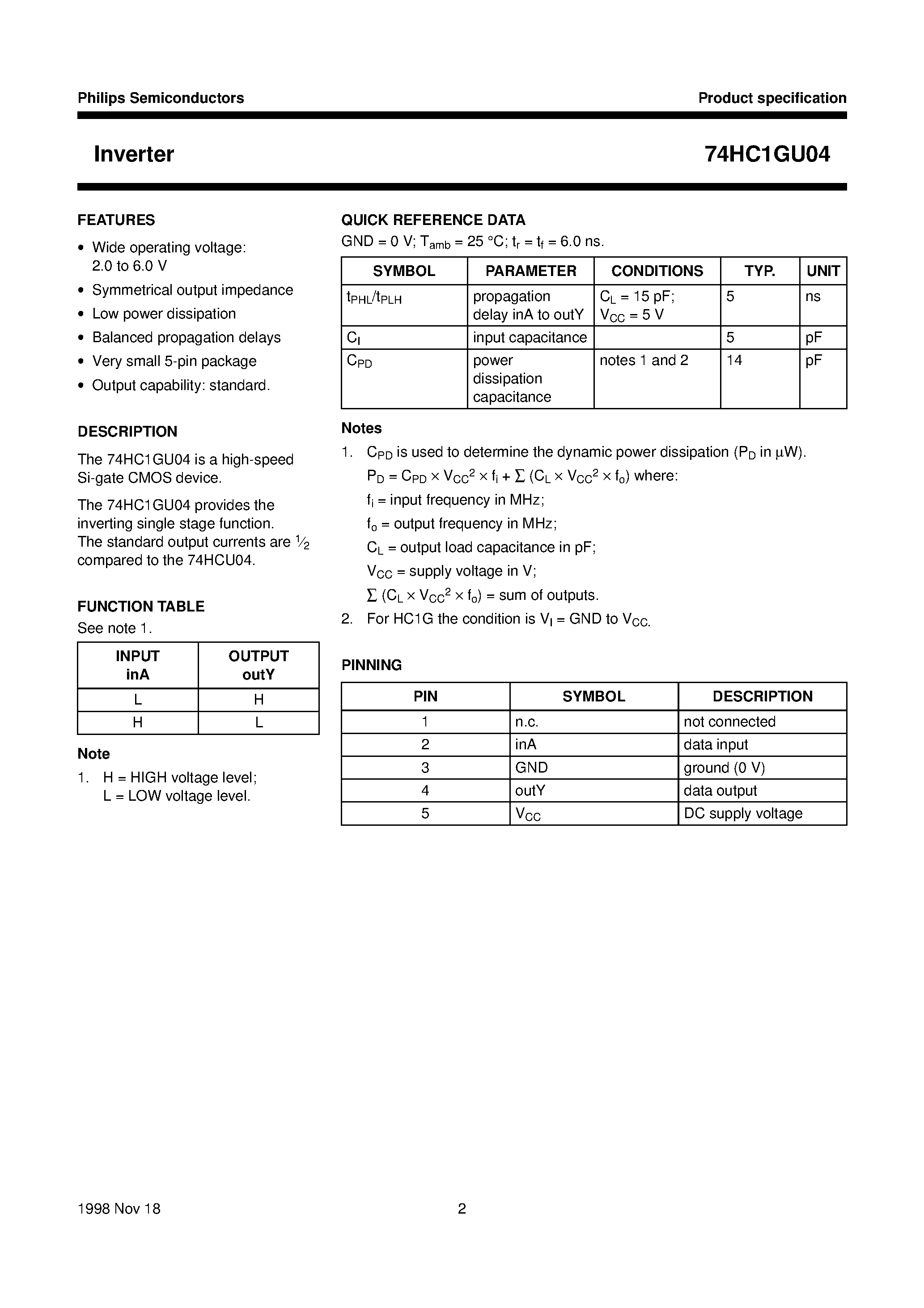 Даташит 74HC1GU04 - Inverter страница 2