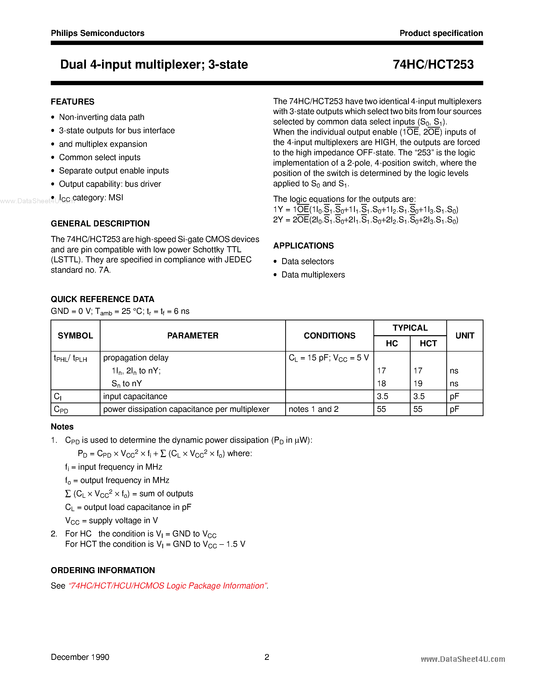 Даташит 74HC253 - Dual 4-input multiplexer 3-state страница 2