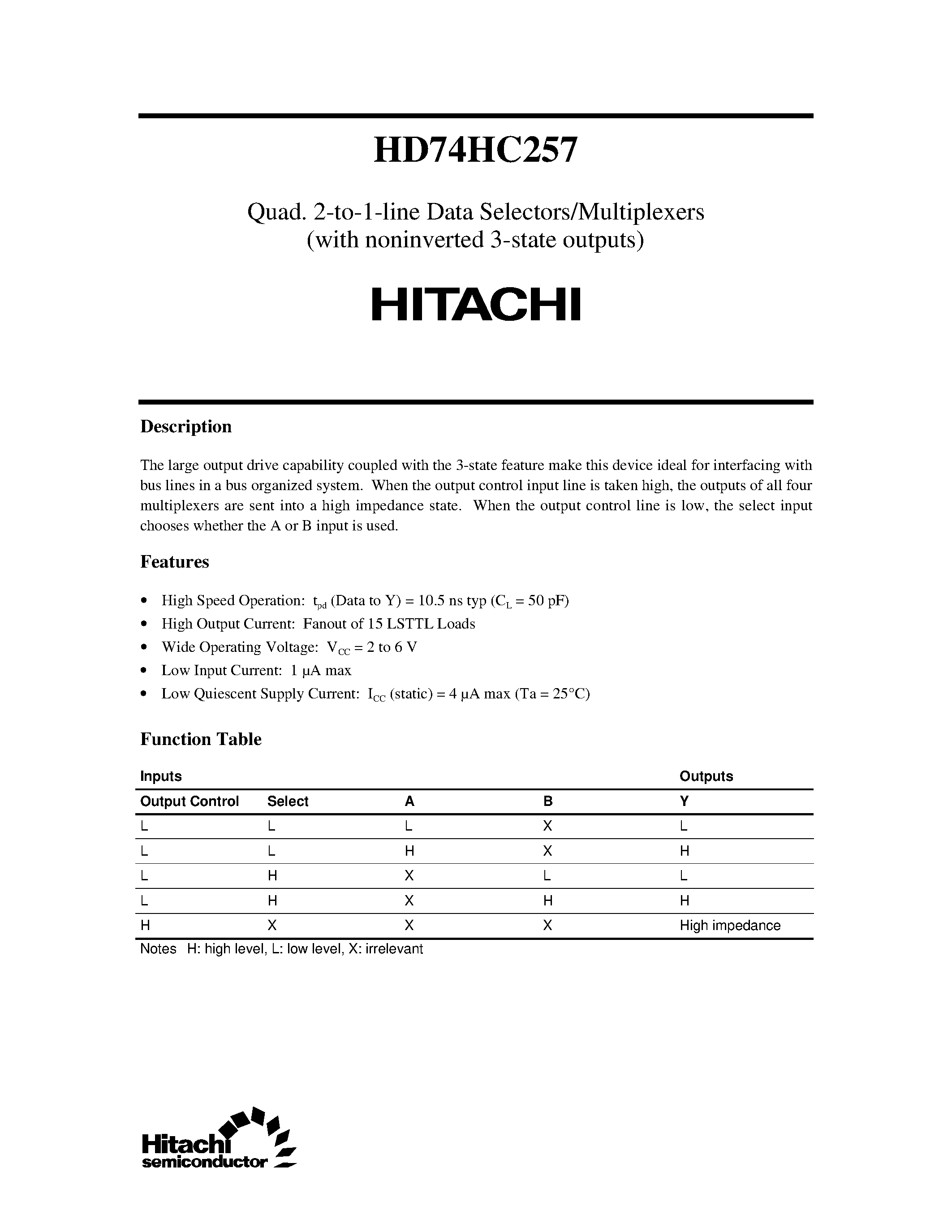 Даташит 74HC257 - Quad. 2-to-1-line Data Selectors/Multiplexers(with noninverted 3-state outputs) страница 1