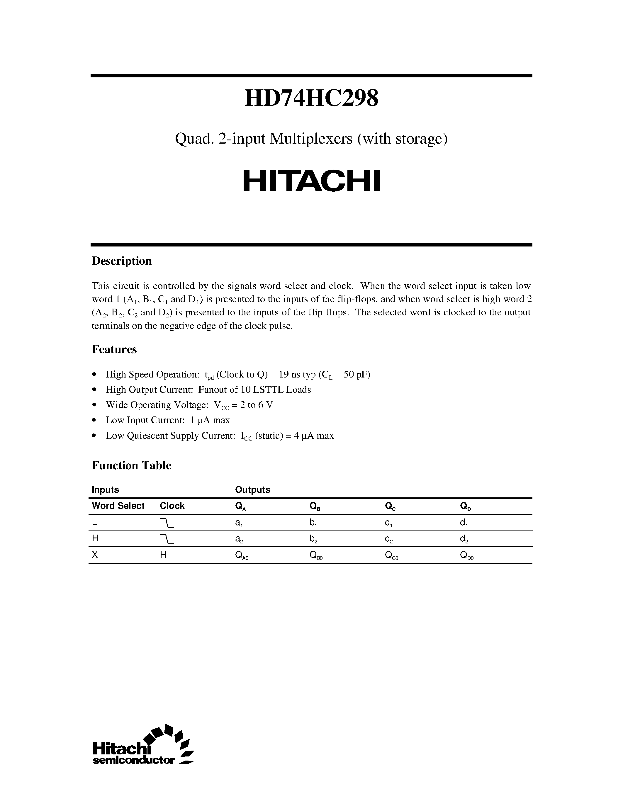 Даташит 74HC298 - Quad. 2-input Multiplexers (with storage) страница 1