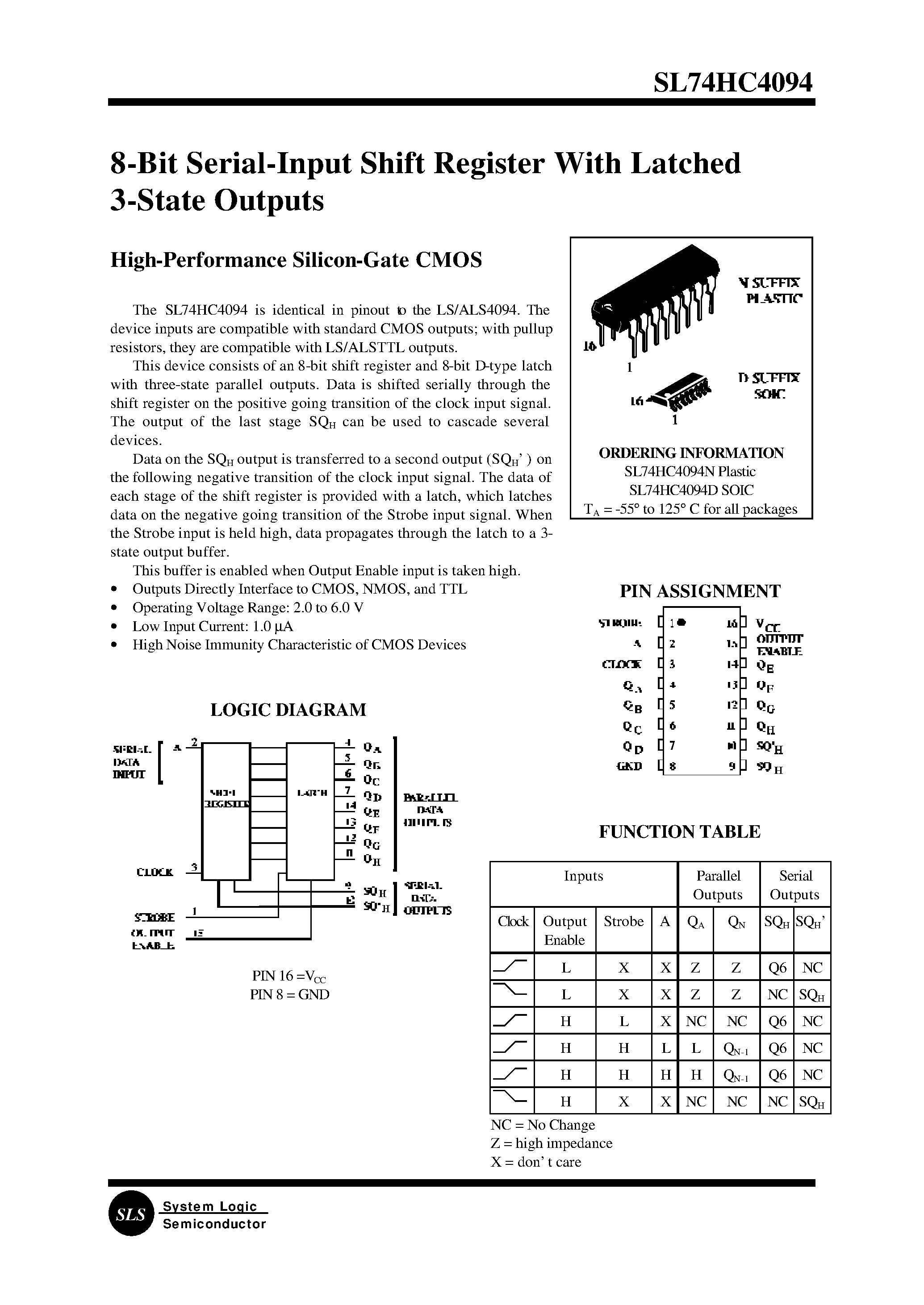 Даташит 74HC4094 - 8-Bit Serial-Input Shift Register With Latched 3-State Outputs(High-Performance Silicon-Gate CMOS) страница 1