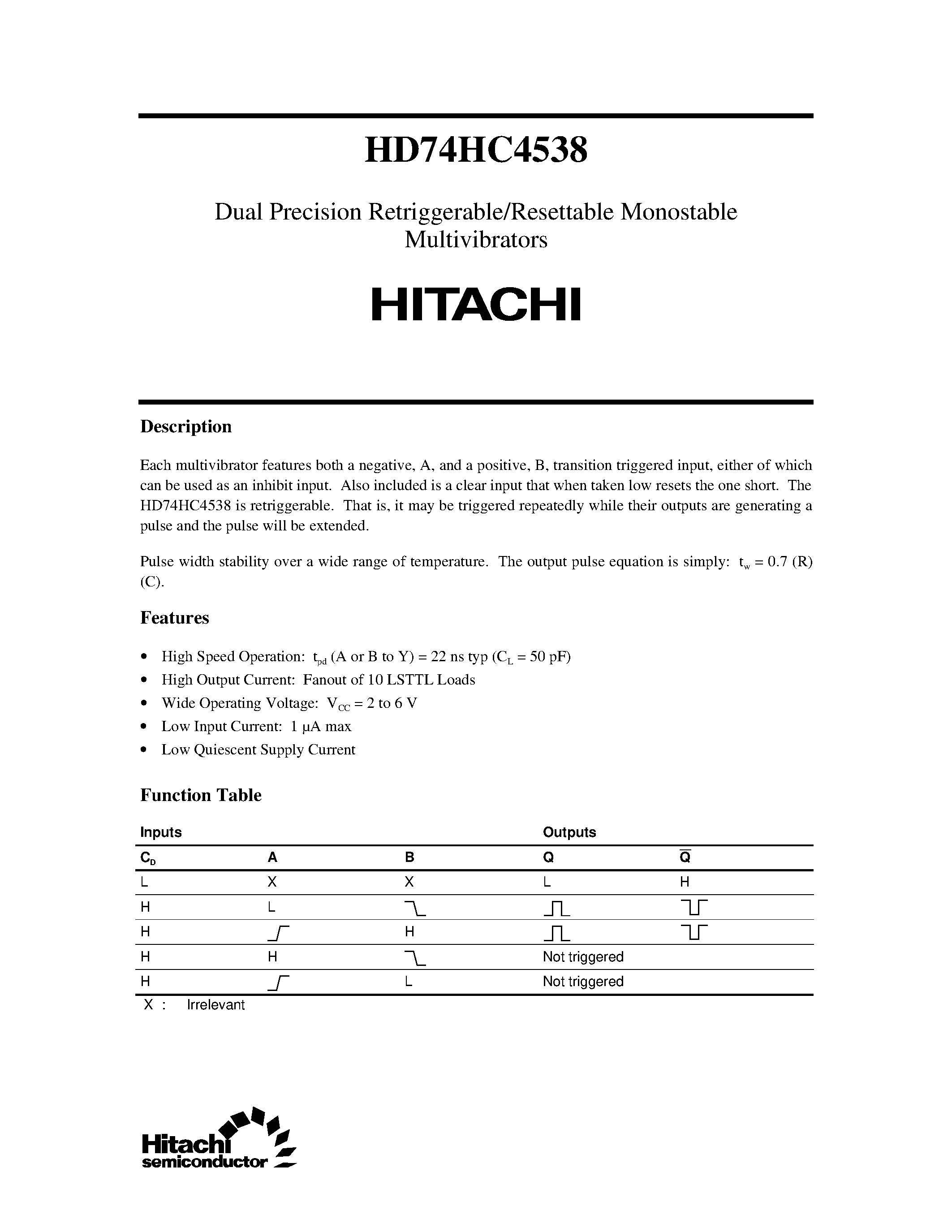 Даташит 74HC4538 - Dual Precision Retriggerable/Resettable Monostable Multivibrators страница 1