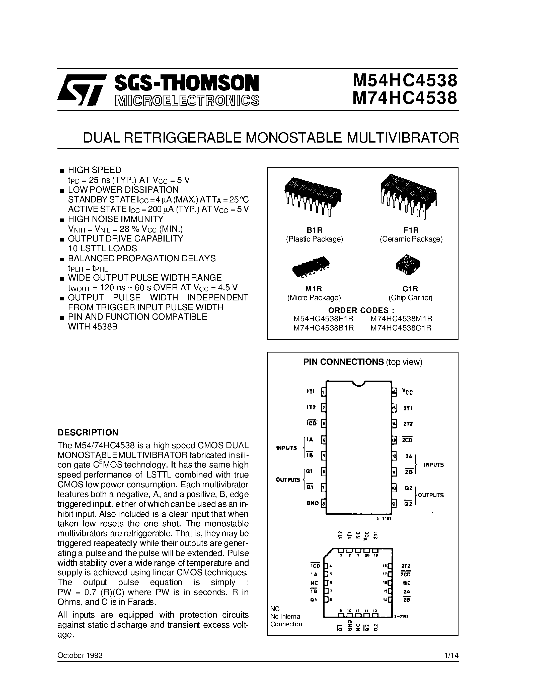 Даташит 74HC4538 - DUAL RETRIGGERABLE MONOSTABLE MULTIVIBRATOR страница 1