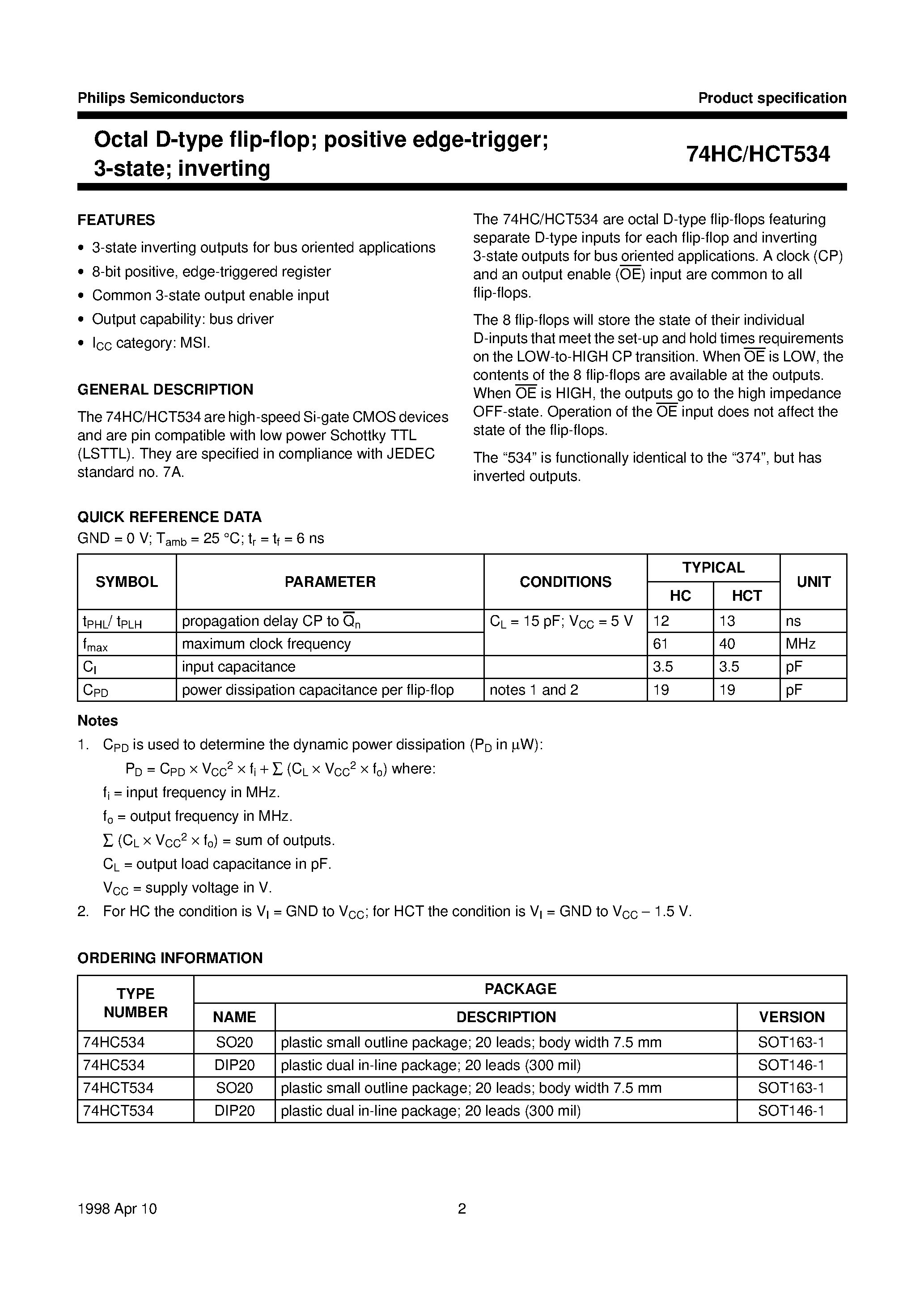 Даташит 74HC534 - Octal D-type flip-flop positive edge-trigger 3-state inverting страница 2