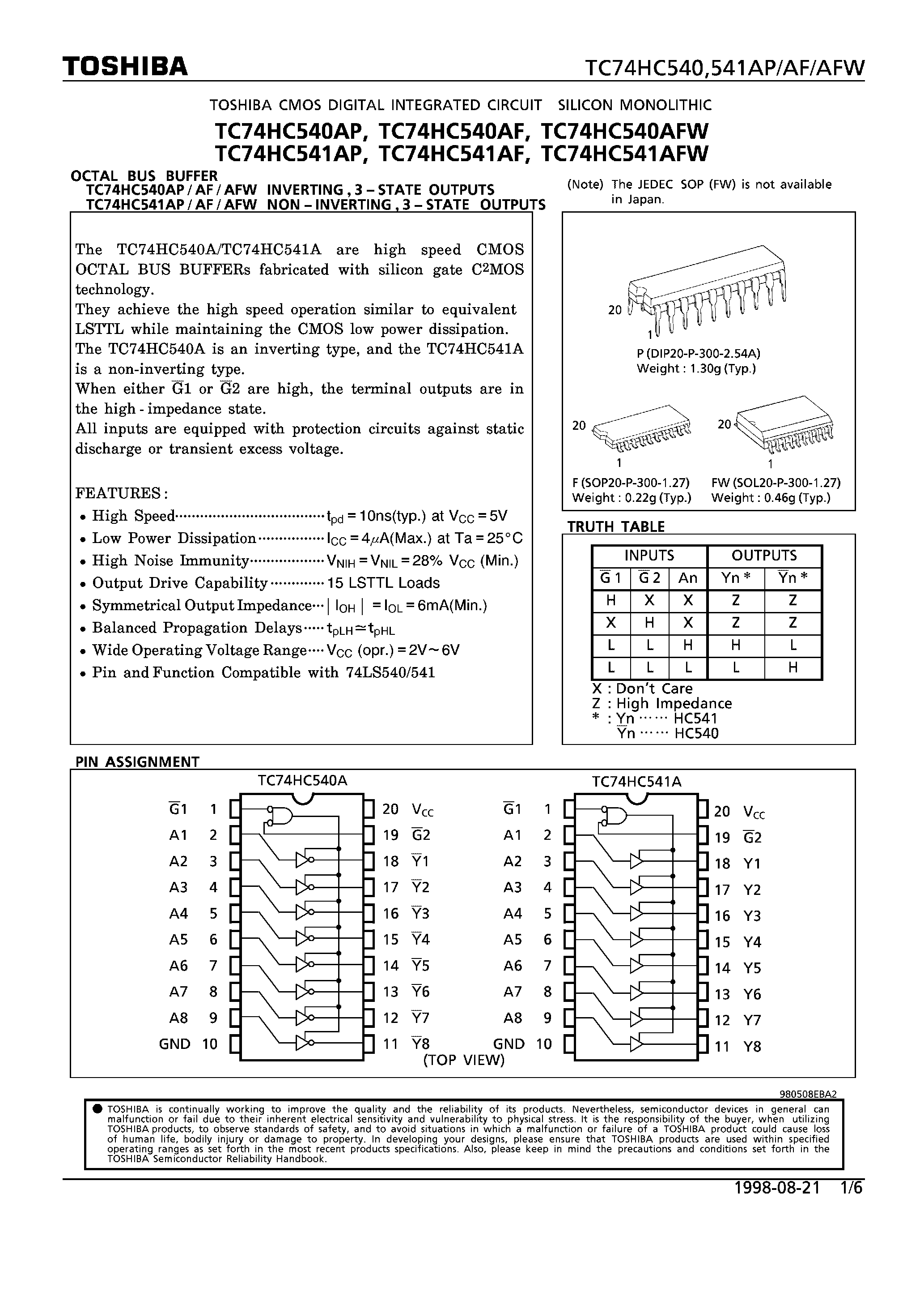 Даташит 74HC541 - OCTAL BUS BUFFER INVERTING/NON-INVERTING / 3-STATE OUTPUTS страница 1