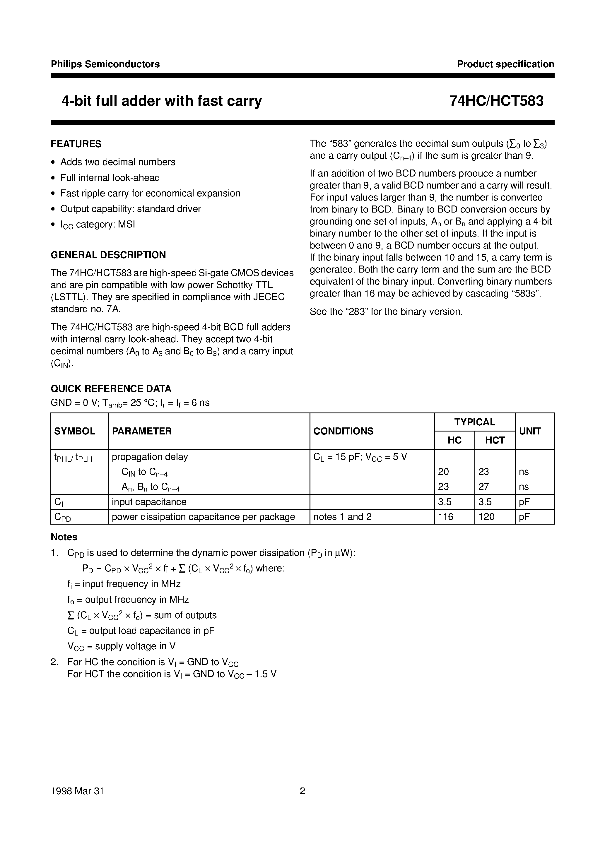 Datasheet 74HC583 page 2 Datasheet 74HC583 - 4-bit full adder with fast carry page 2