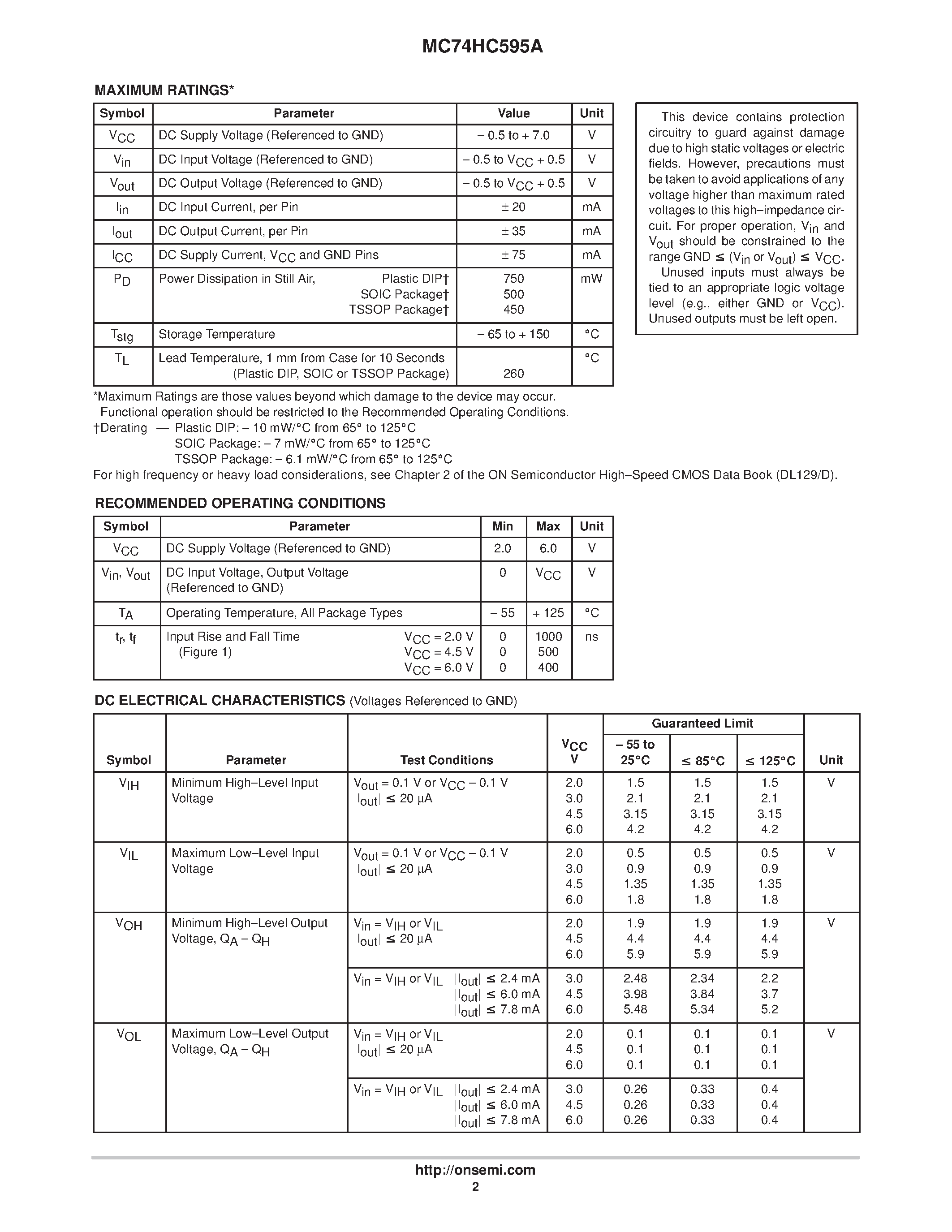 Даташит 74HC595 - 8-Bit Serial-Input/Serial or Parallel-Output Shift Register with Latched 3-State Outputs страница 2