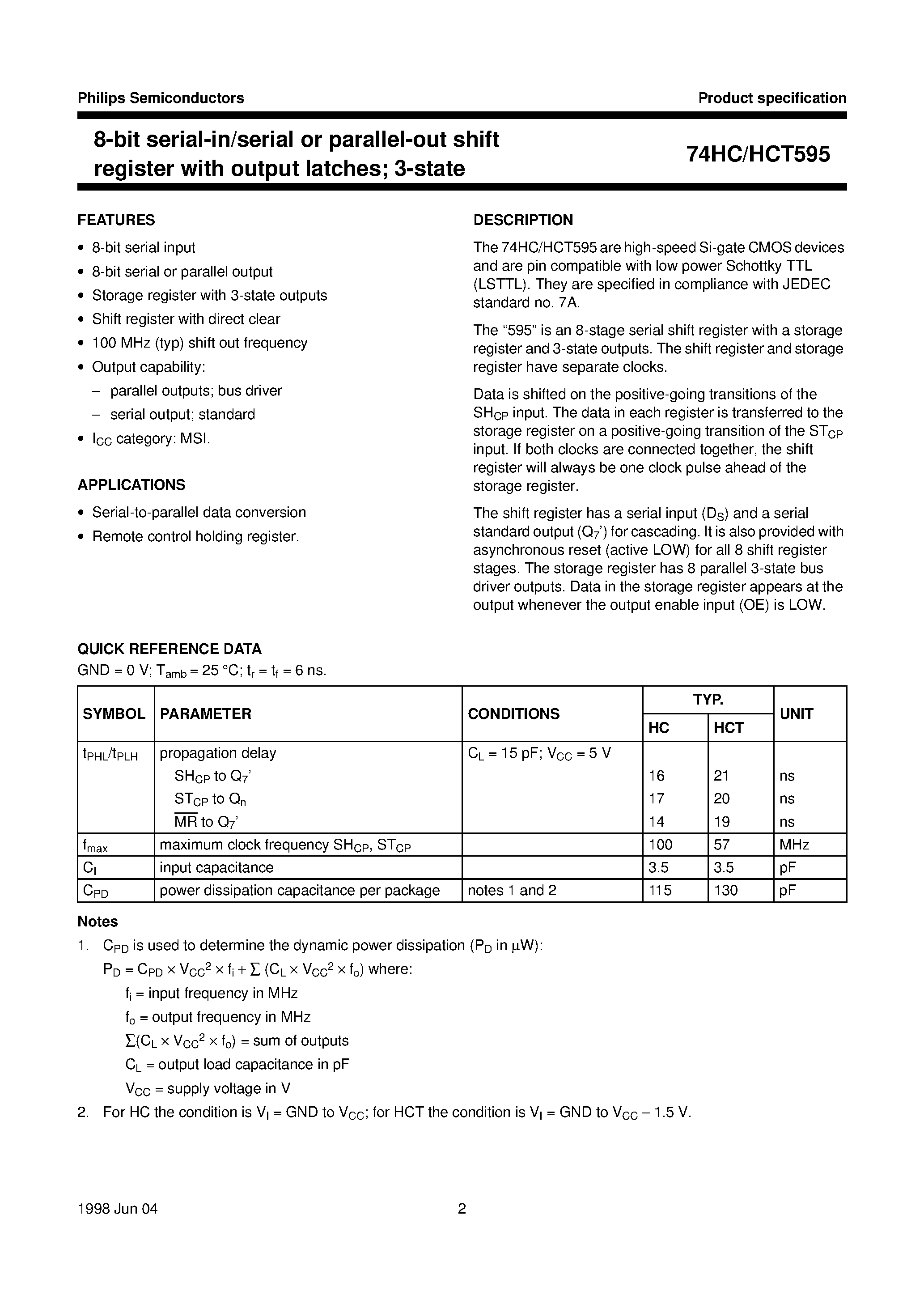 Datasheet 74HC595N - 8-bit serial-in/serial or parallel-out shift register with output latches 3-state page 2