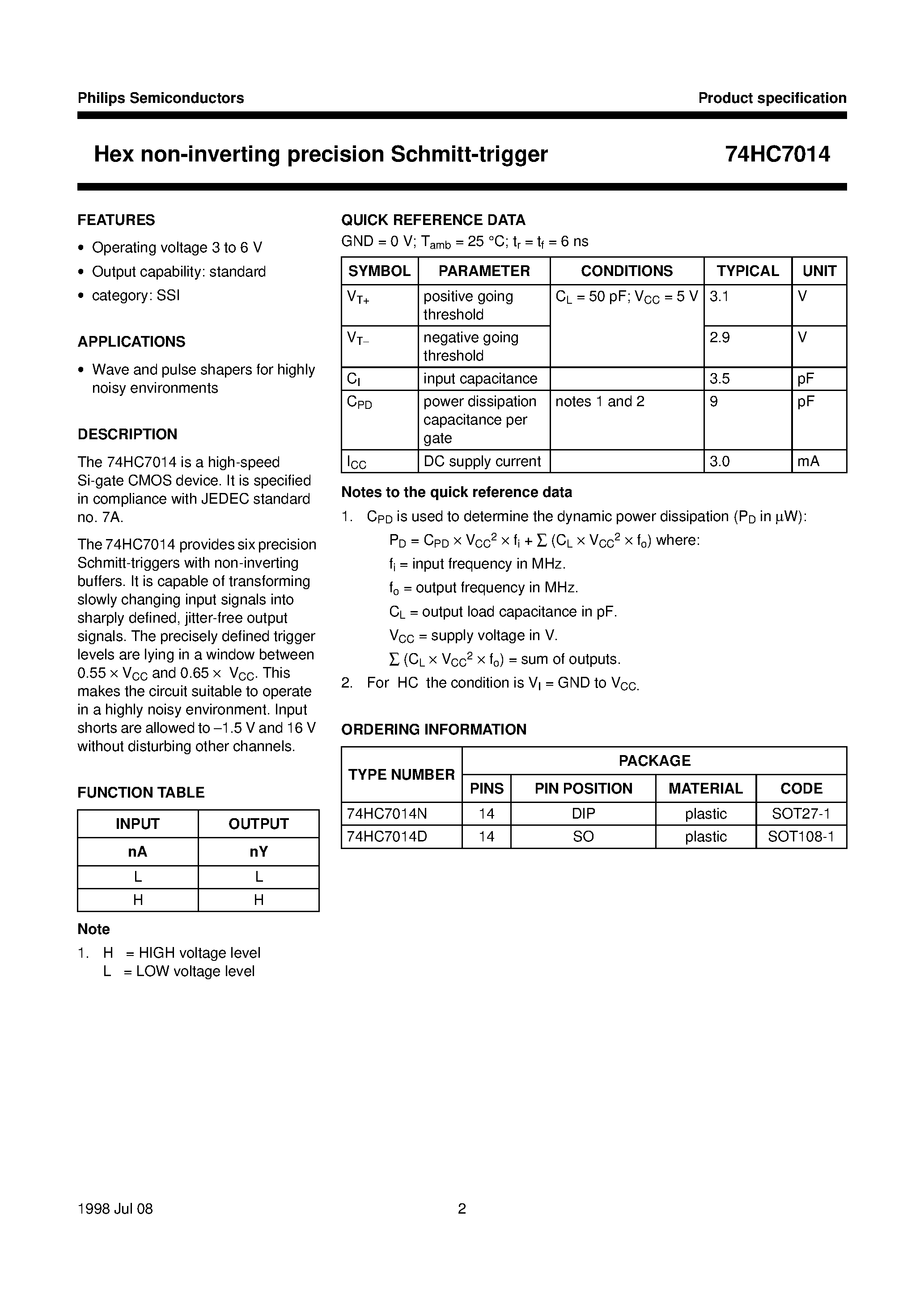 Даташит 74HC7014 - Hex non-inverting precision Schmitt-trigger страница 2