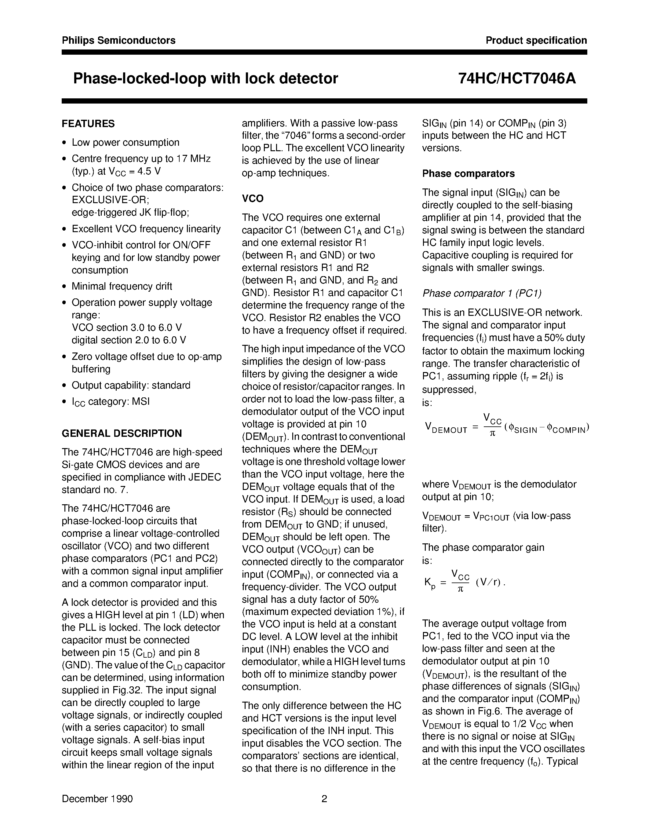 Даташит 74HC7046A - Phase-locked-loop with lock detector страница 2