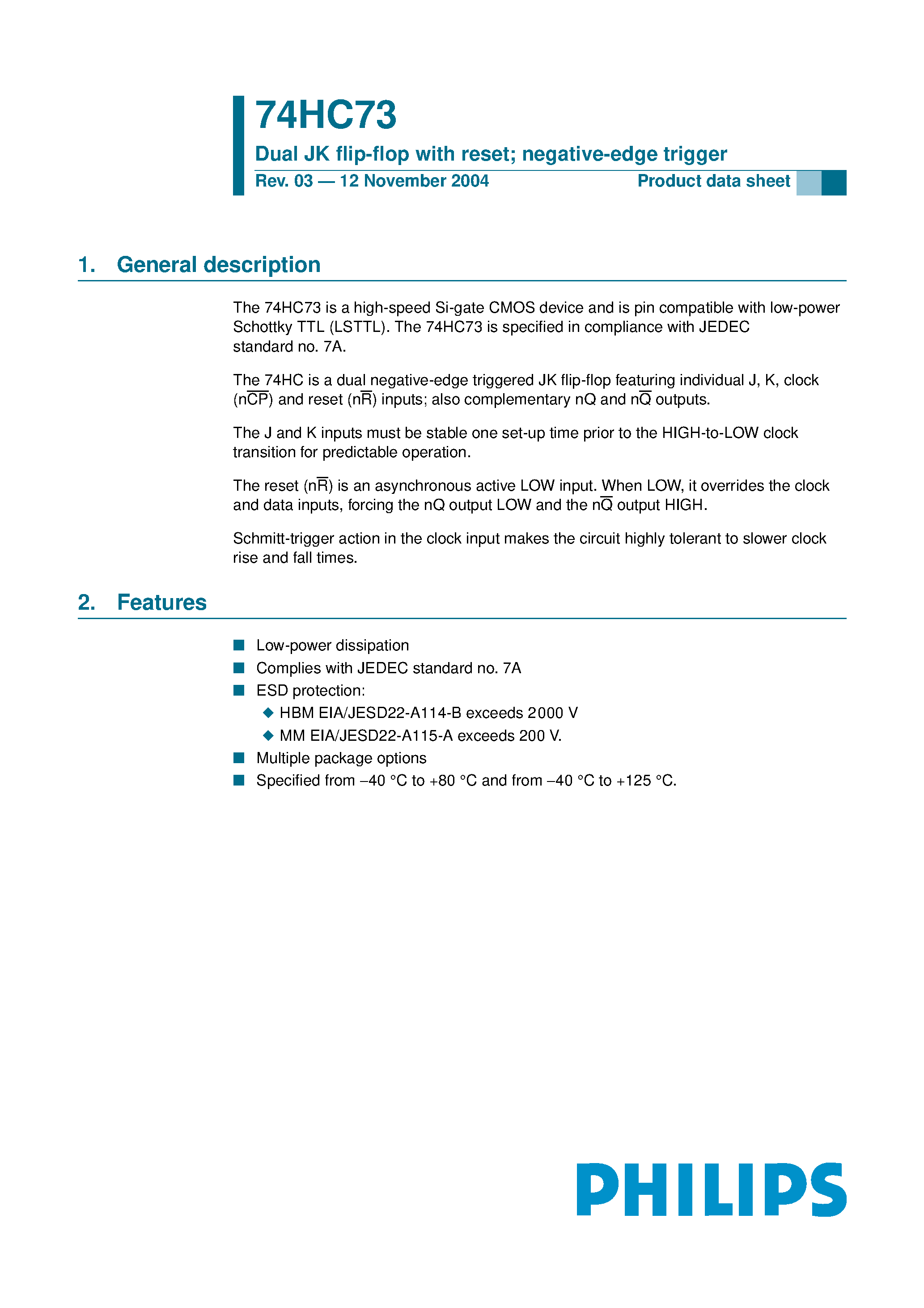 Даташит 74HC73 - Dual JK flip-flop with reset negative-edge trigger страница 1