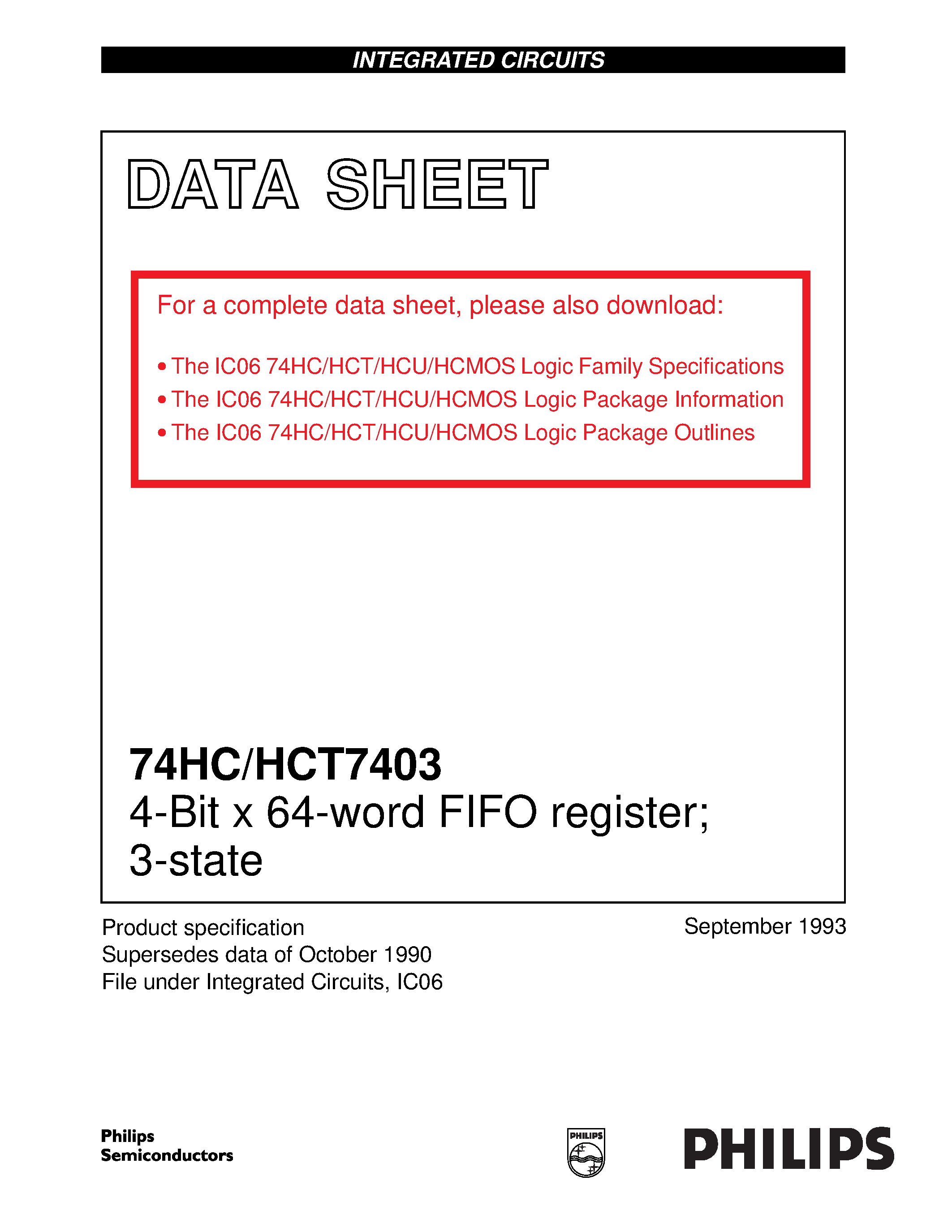 Даташит 74HC7403 - 4-Bit x 64-word FIFO register 3-state страница 1