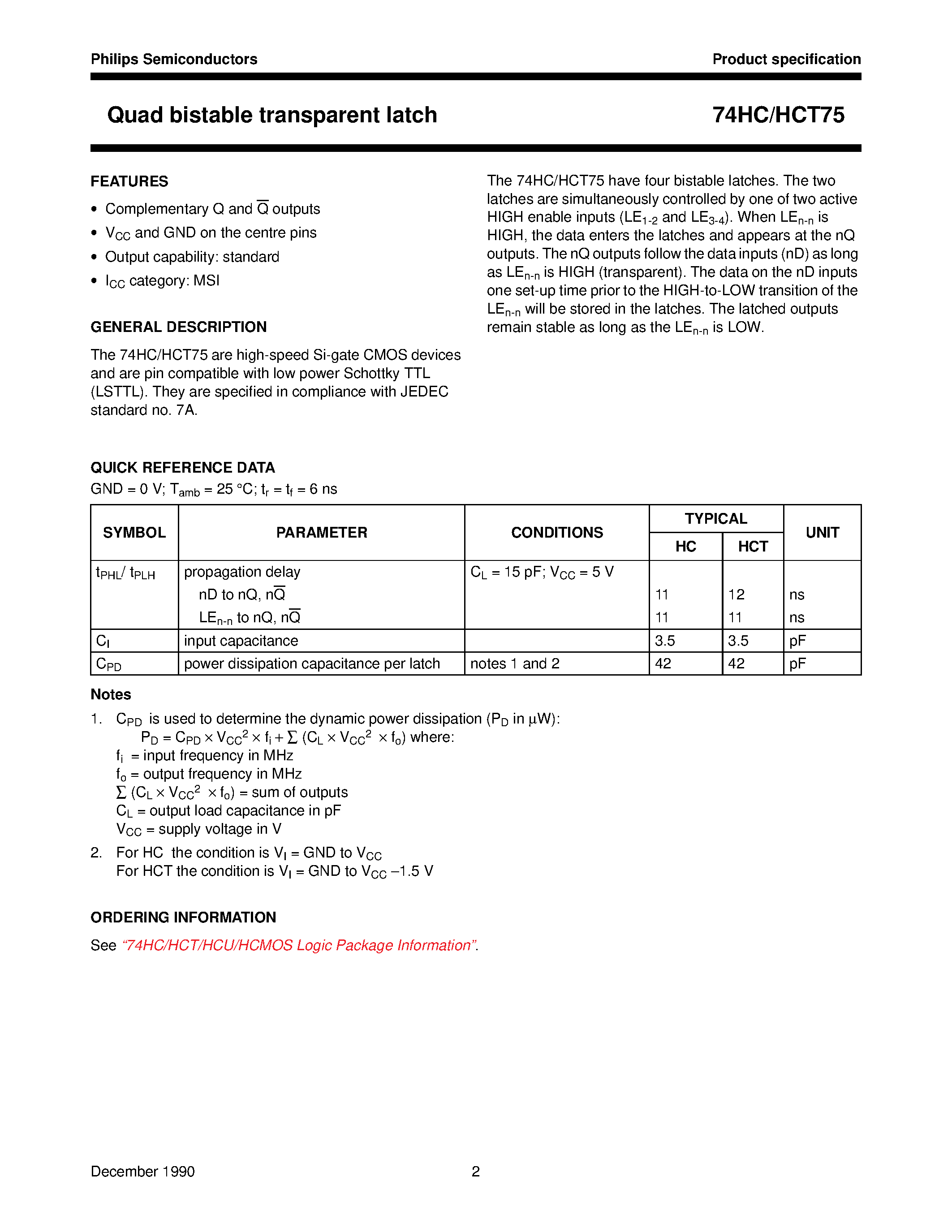 Даташит 74HC75 - Quad bistable transparent latch страница 2