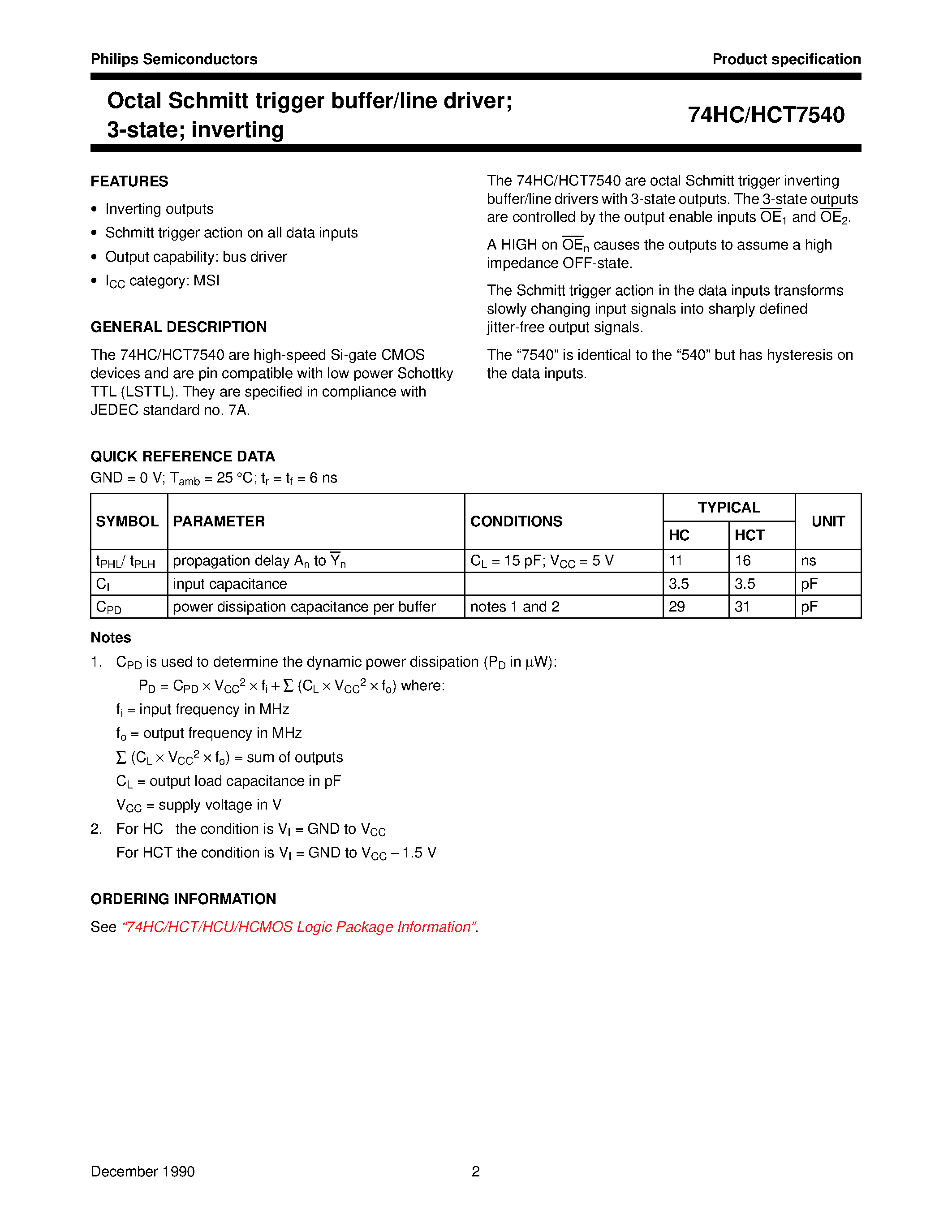 Даташит 74HC7540 - Octal Schmitt trigger buffer/line driver 3-state inverting страница 2