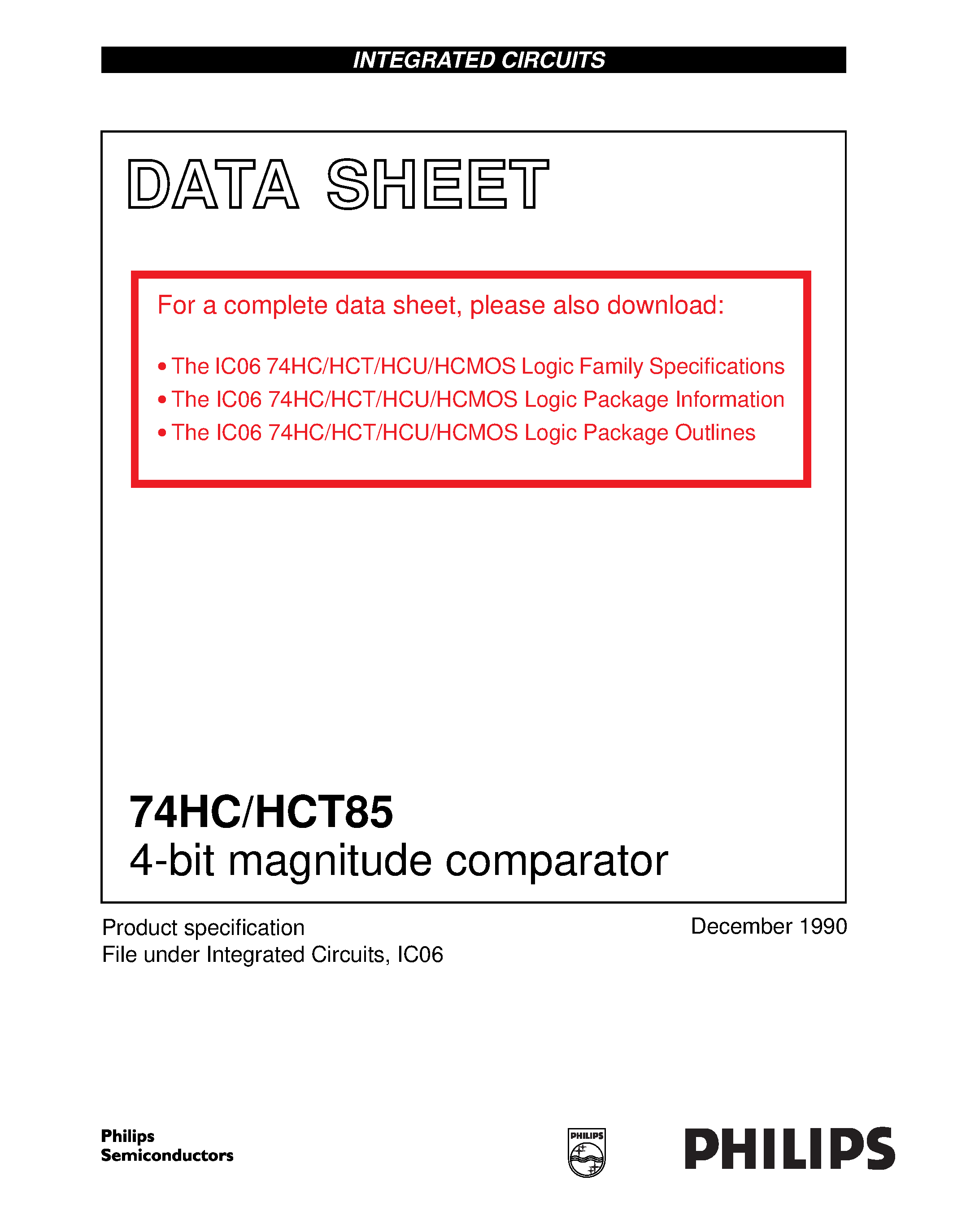 Даташит 74HC85 - 4-bit magnitude comparator страница 1