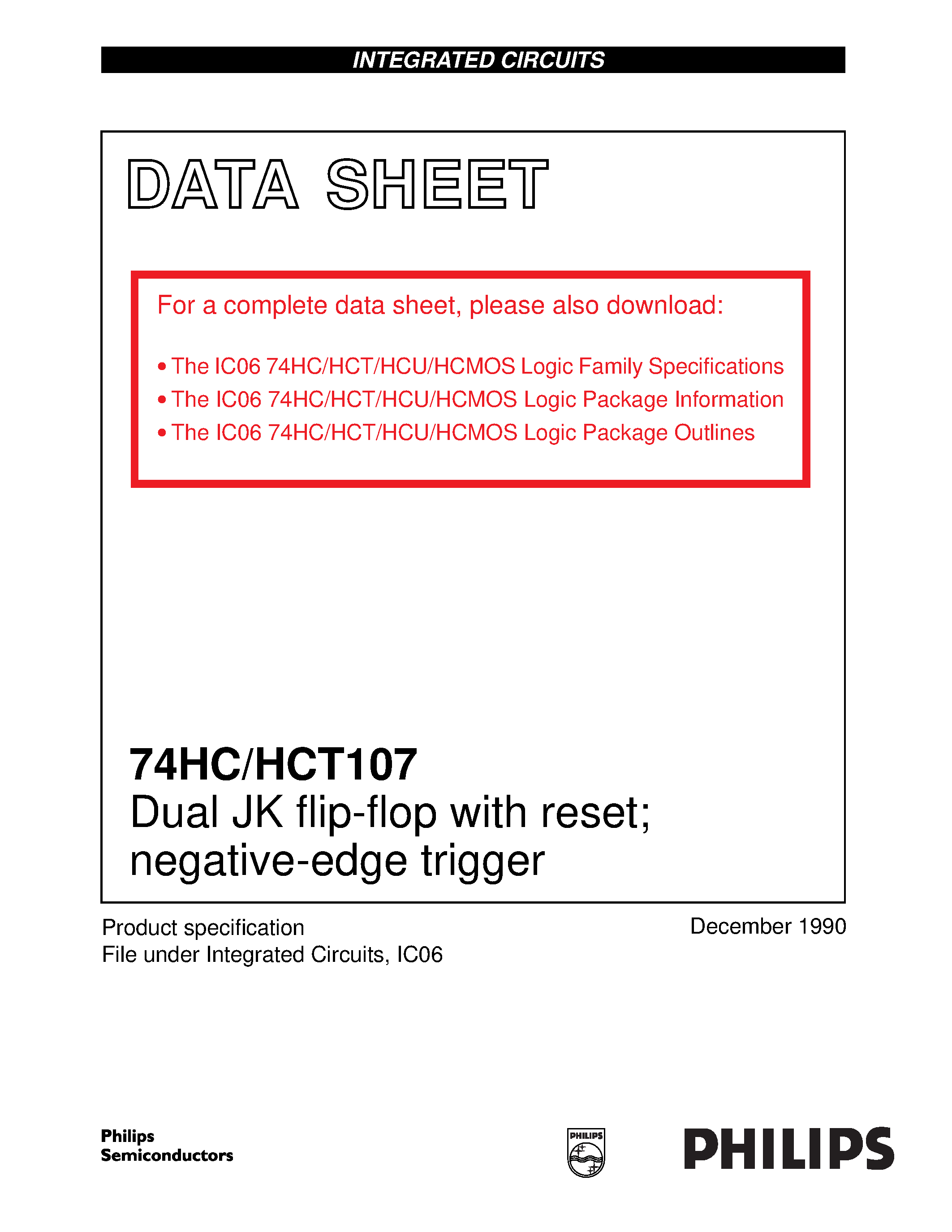 Datasheet 74HCT107 - Dual JK flip-flop with reset negative-edge trigger page 1
