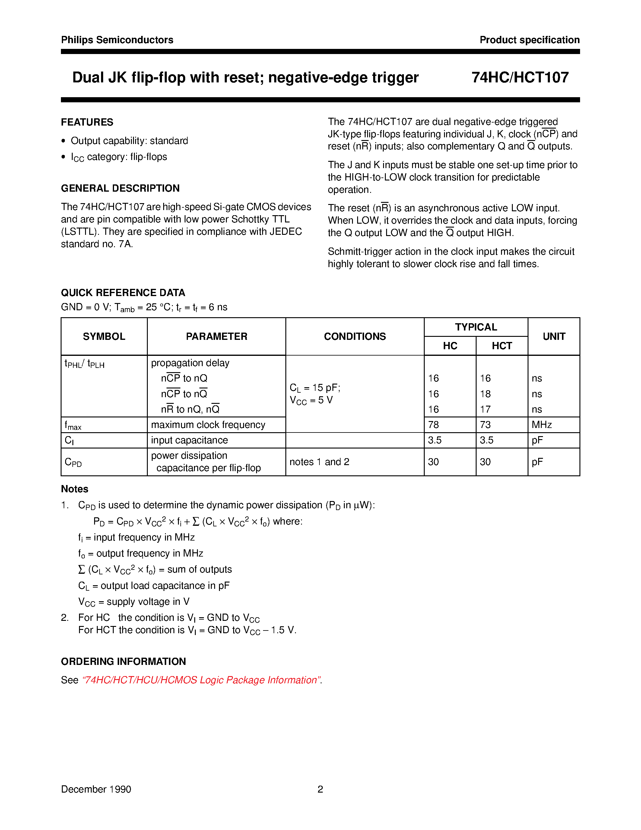 Datasheet 74HCT107 - Dual JK flip-flop with reset negative-edge trigger page 2