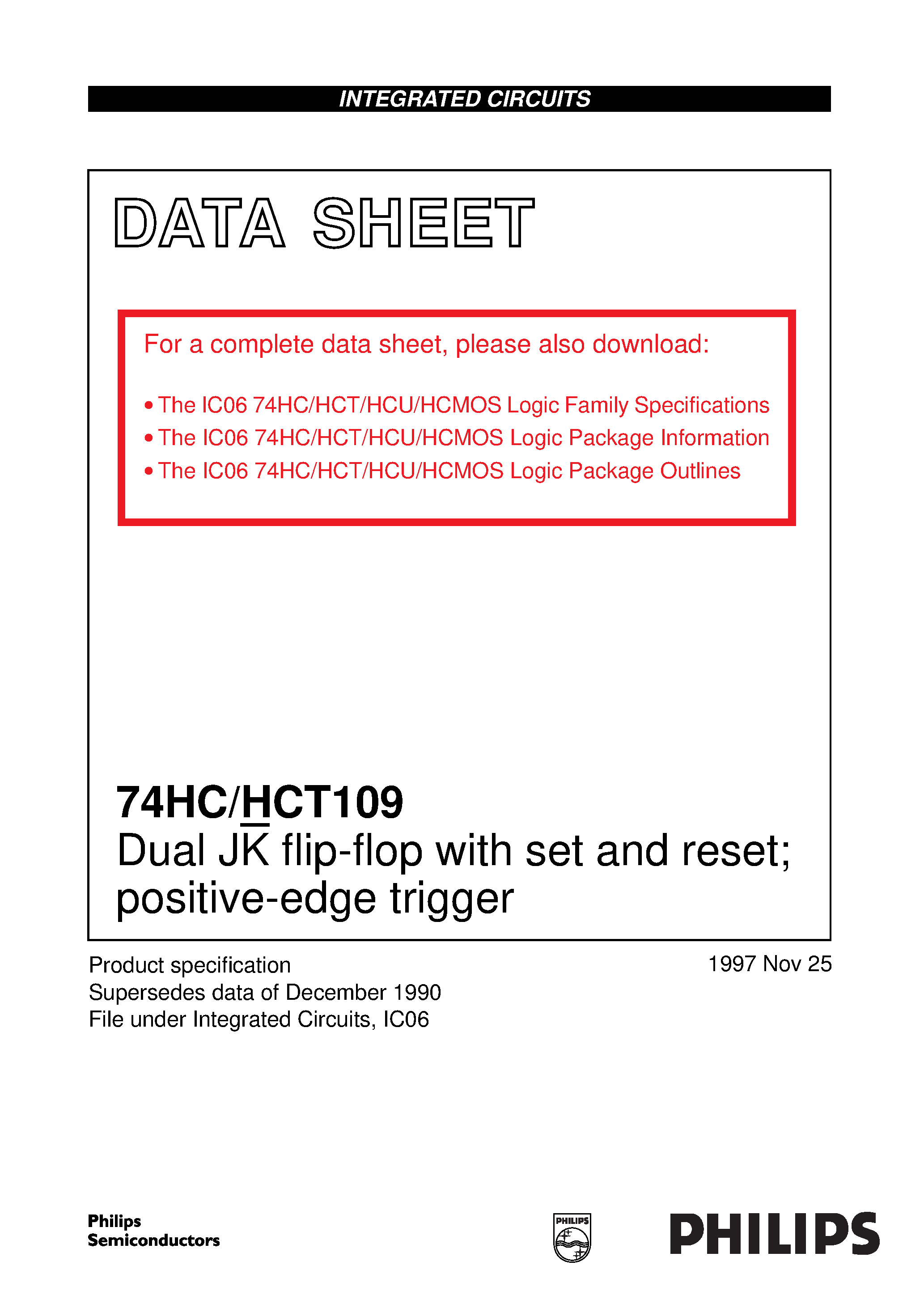 Datasheet 74HCT109 - Dual JK flip-flop with set and reset positive-edge trigger page 1