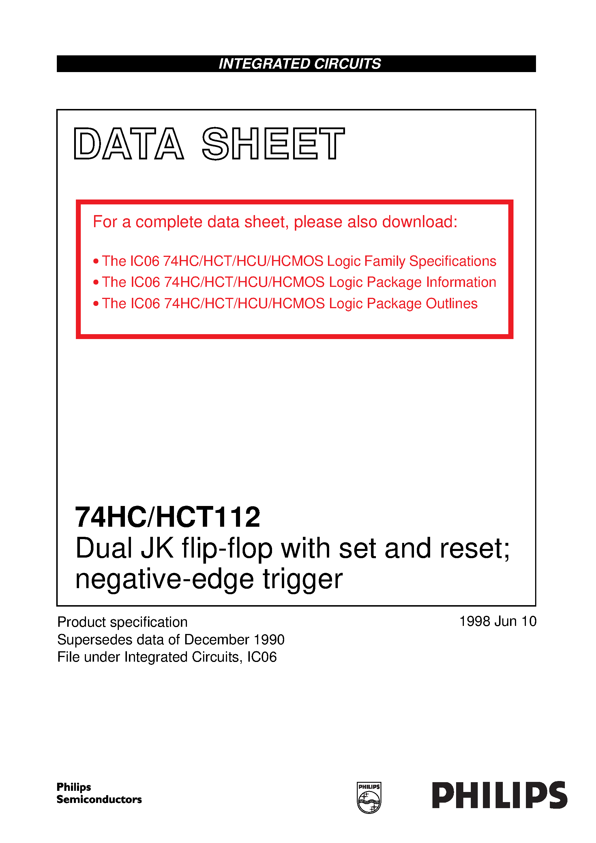 Datasheet 74HCT112 - Dual JK flip-flop with set and reset negative-edge trigger page 1