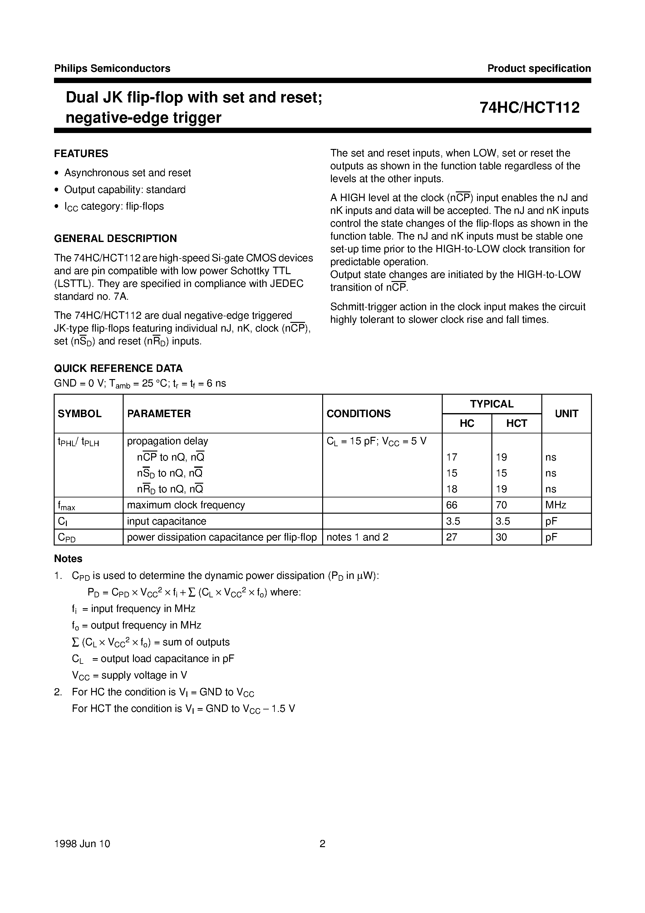 Datasheet 74HCT112 - Dual JK flip-flop with set and reset negative-edge trigger page 2