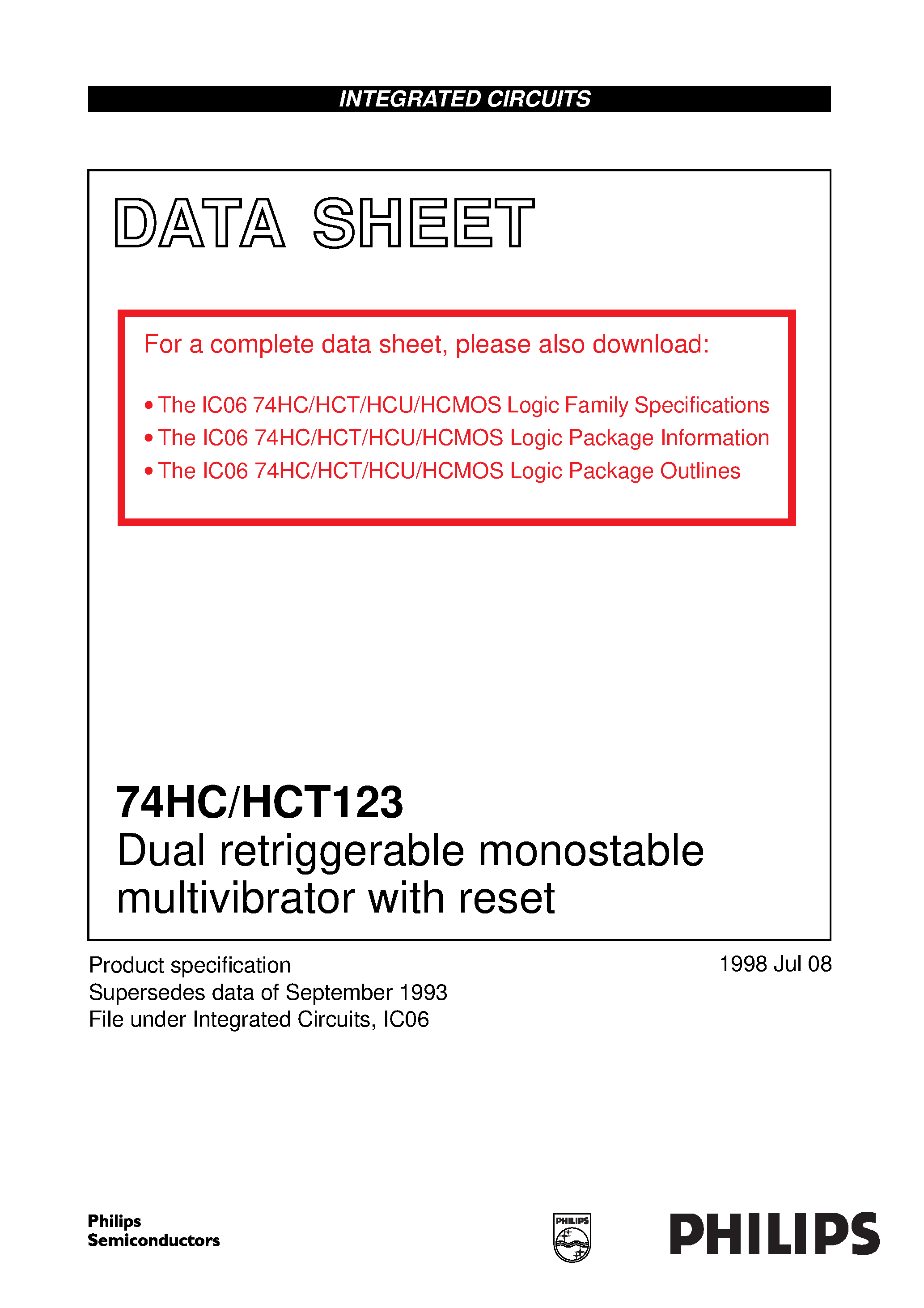 Datasheet 74HCT123 - Dual retriggerable monostable multivibrator with reset page 1