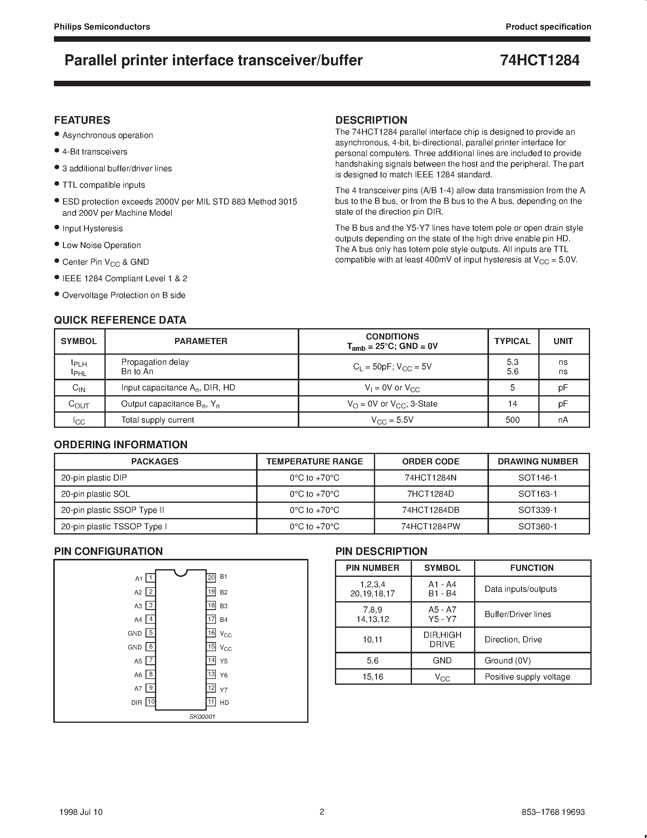 Datasheet 74HCT1284 - Parallel printer interface transceiver/buffer page 2