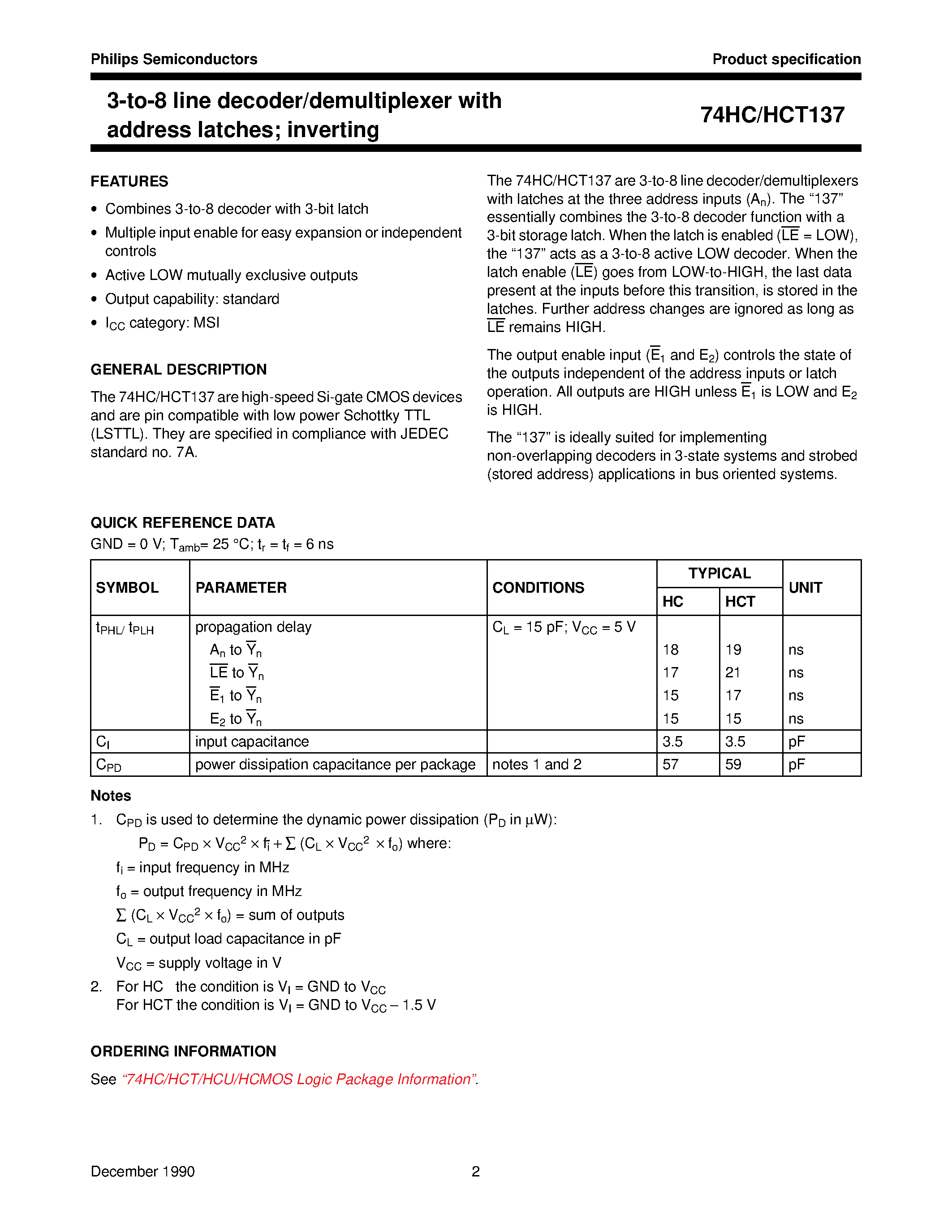 Datasheet 74HCT137 page 2 Datasheet 74HCT137 - 3-to-8 line decoder/demultiplexer with address latches inverting page 2