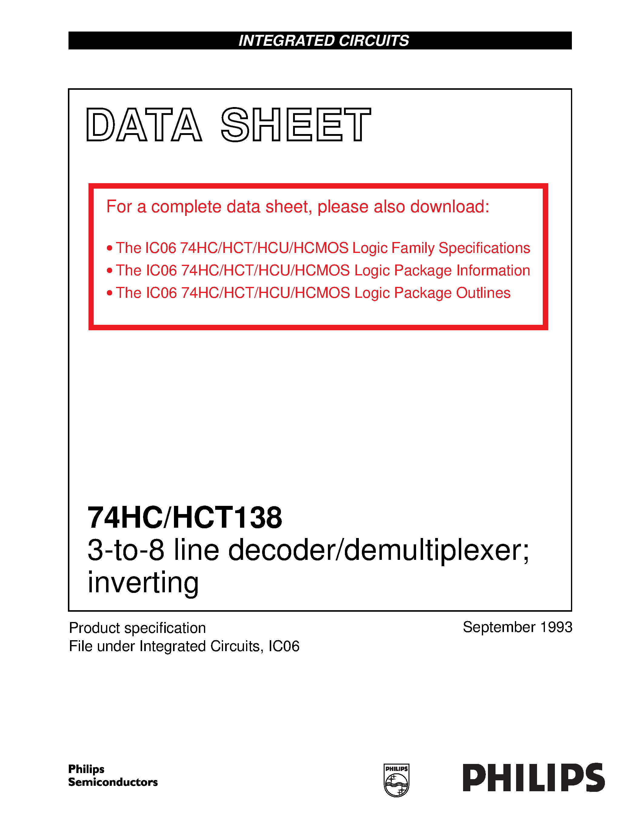 Даташит 74HCT138 - 3-to-8 line decoder/demultiplexer inverting страница 1