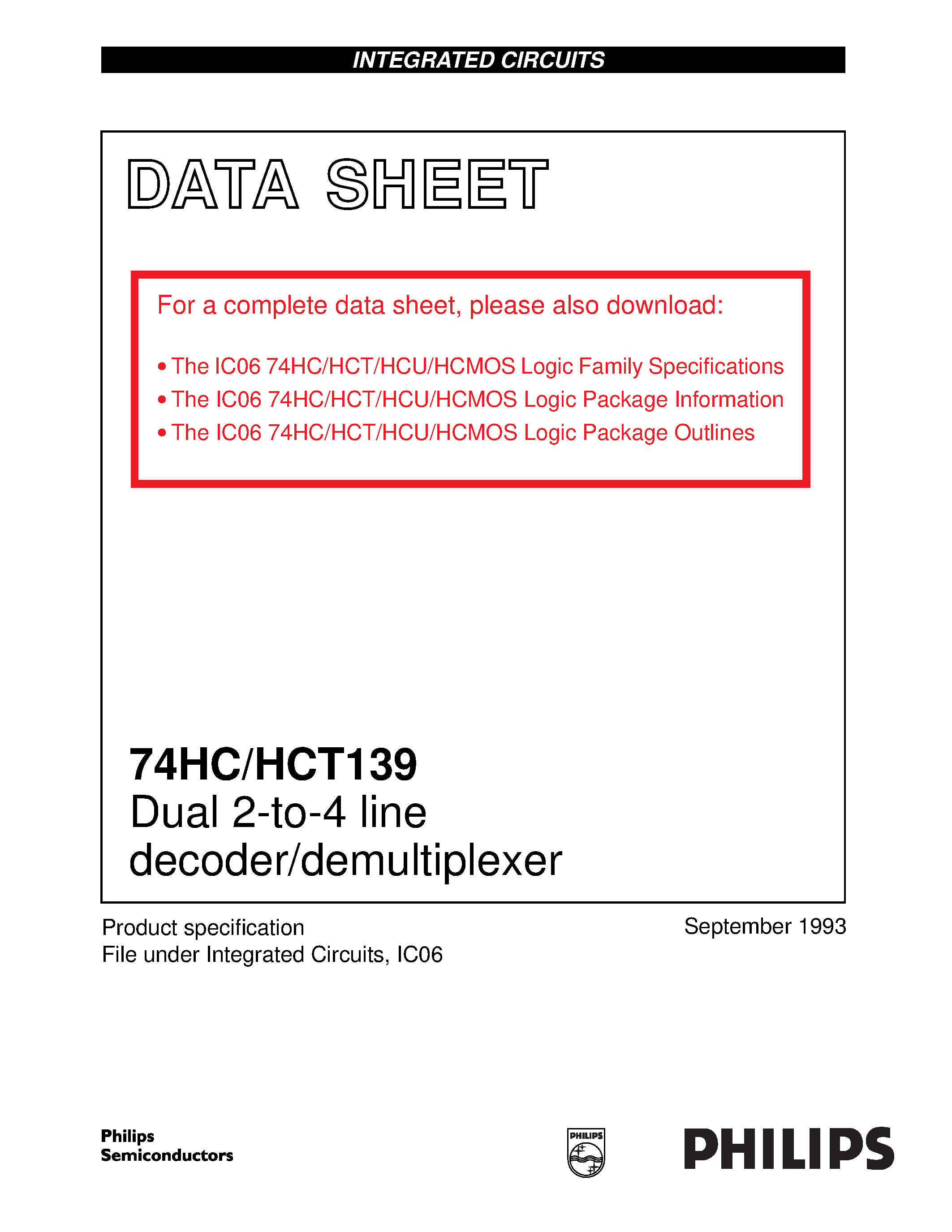 Datasheet 74HCT139 - Dual 2-to-4 line decoder/demultiplexer page 1
